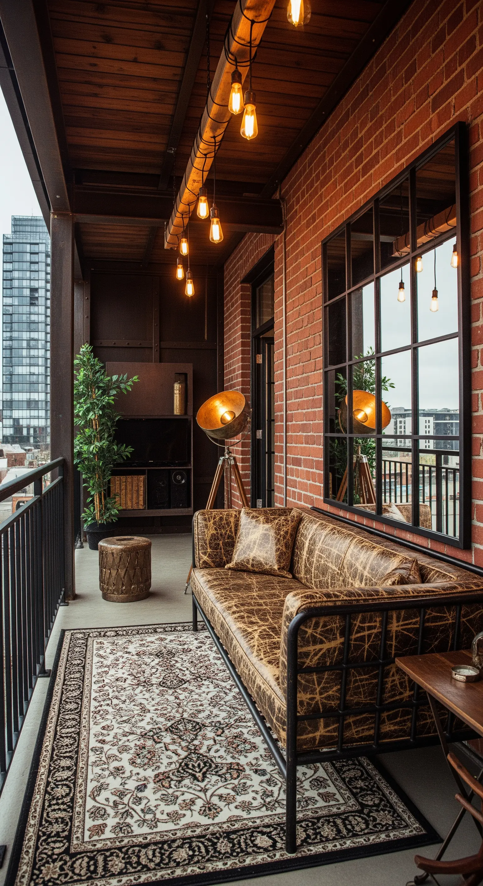Balcone industrial con divano in pelle, specchio a finestra e tappeto persiano.