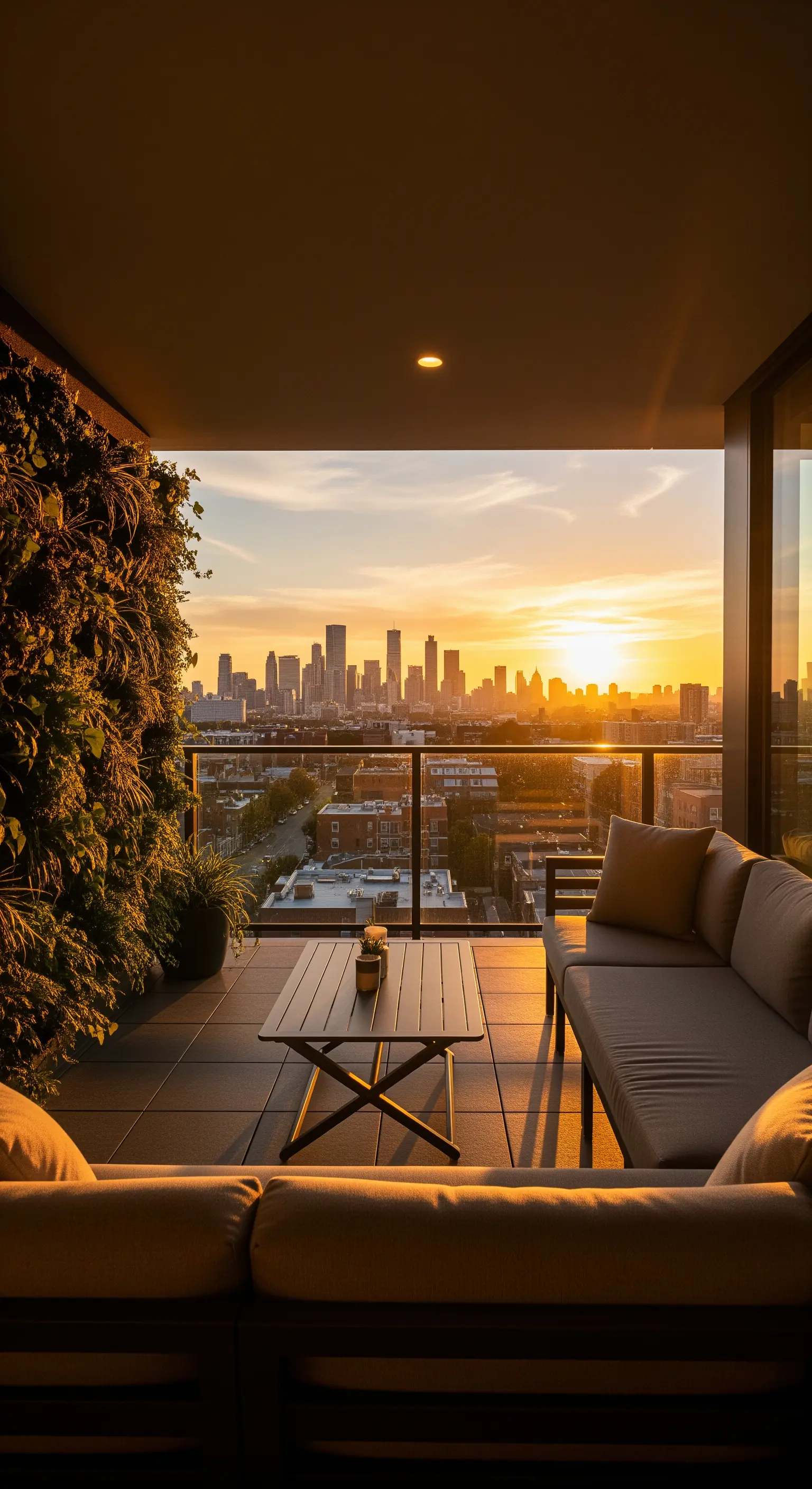 Terrazza con vista sullo skyline della città al tramonto, con divani disposti a L