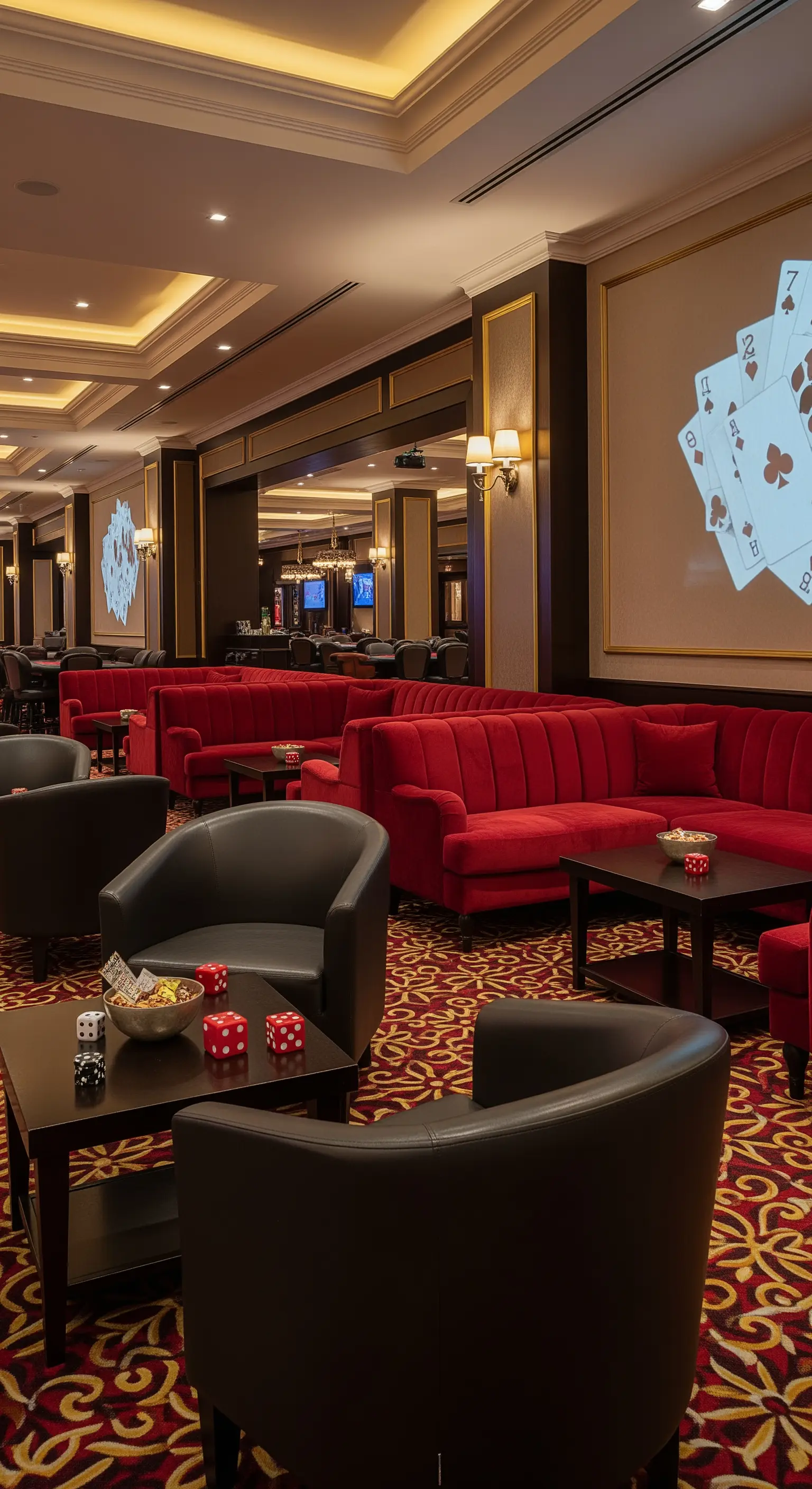 Area lounge di un casinò con divani in velluto rosso, poltrone nere e carte proiettate.