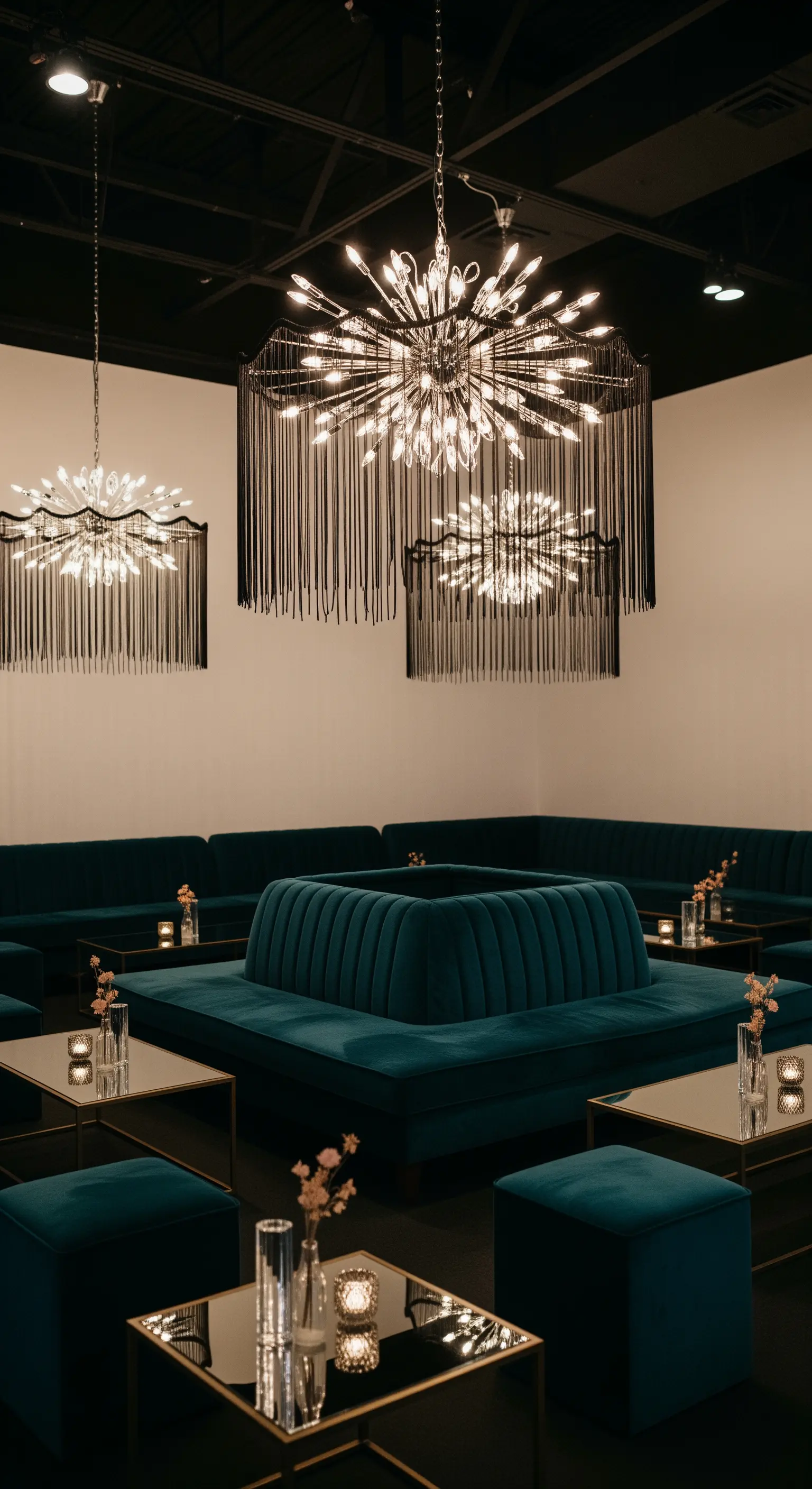 Area lounge con divani in velluto petrolio e moderni chandelier con frange nere.