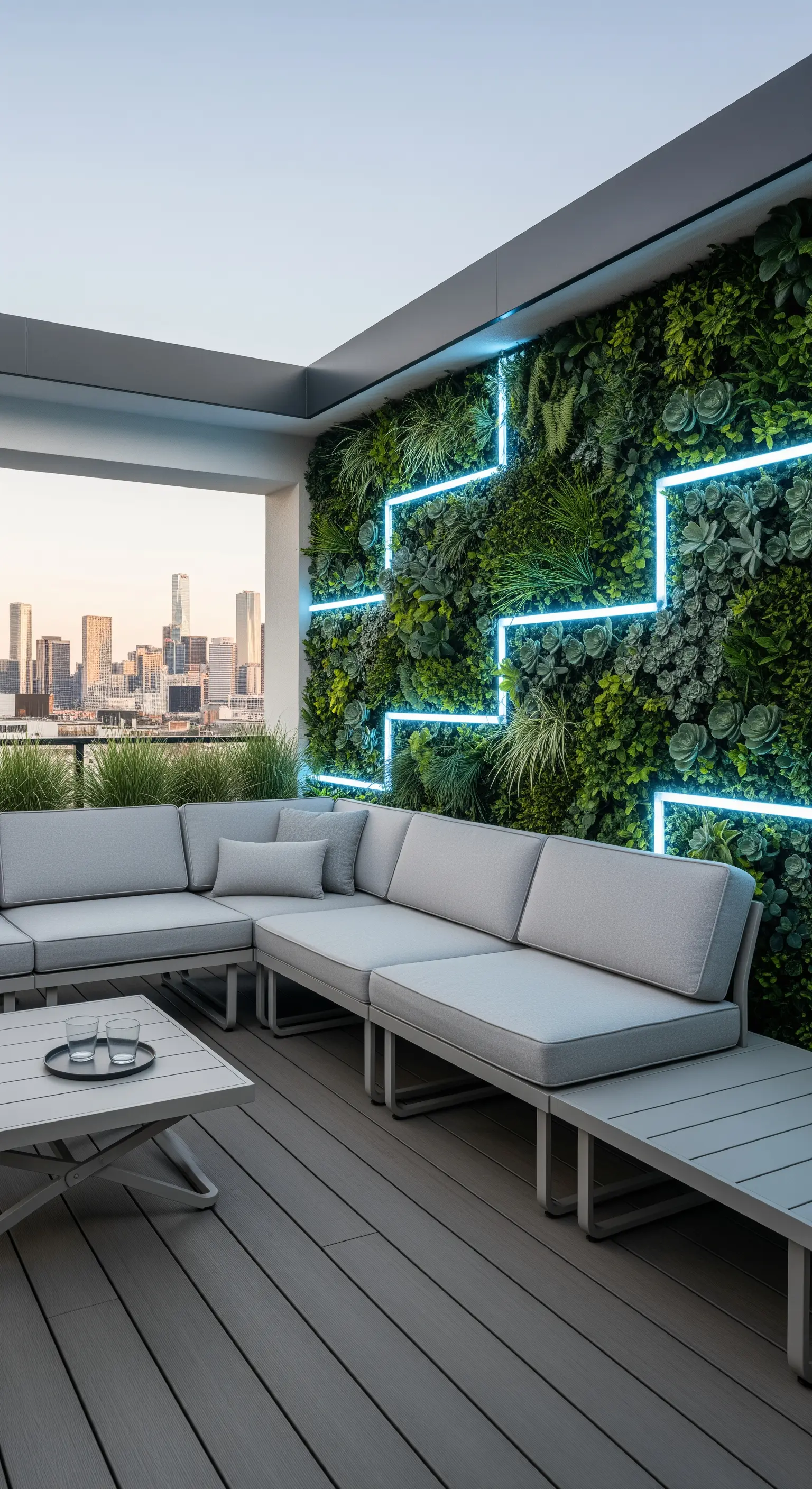 Terrazza moderna con divano grigio modulare e parete verde con illuminazione a LED geometrica.