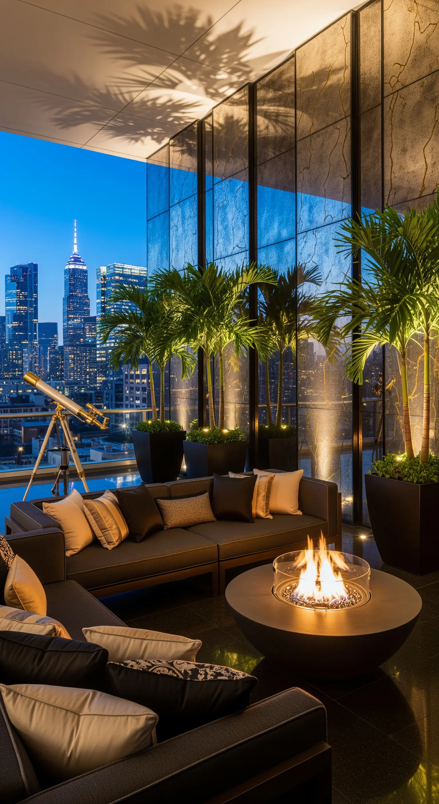 Terrazza panoramica con divani scuri, un braciere moderno acceso e vista sullo skyline della città