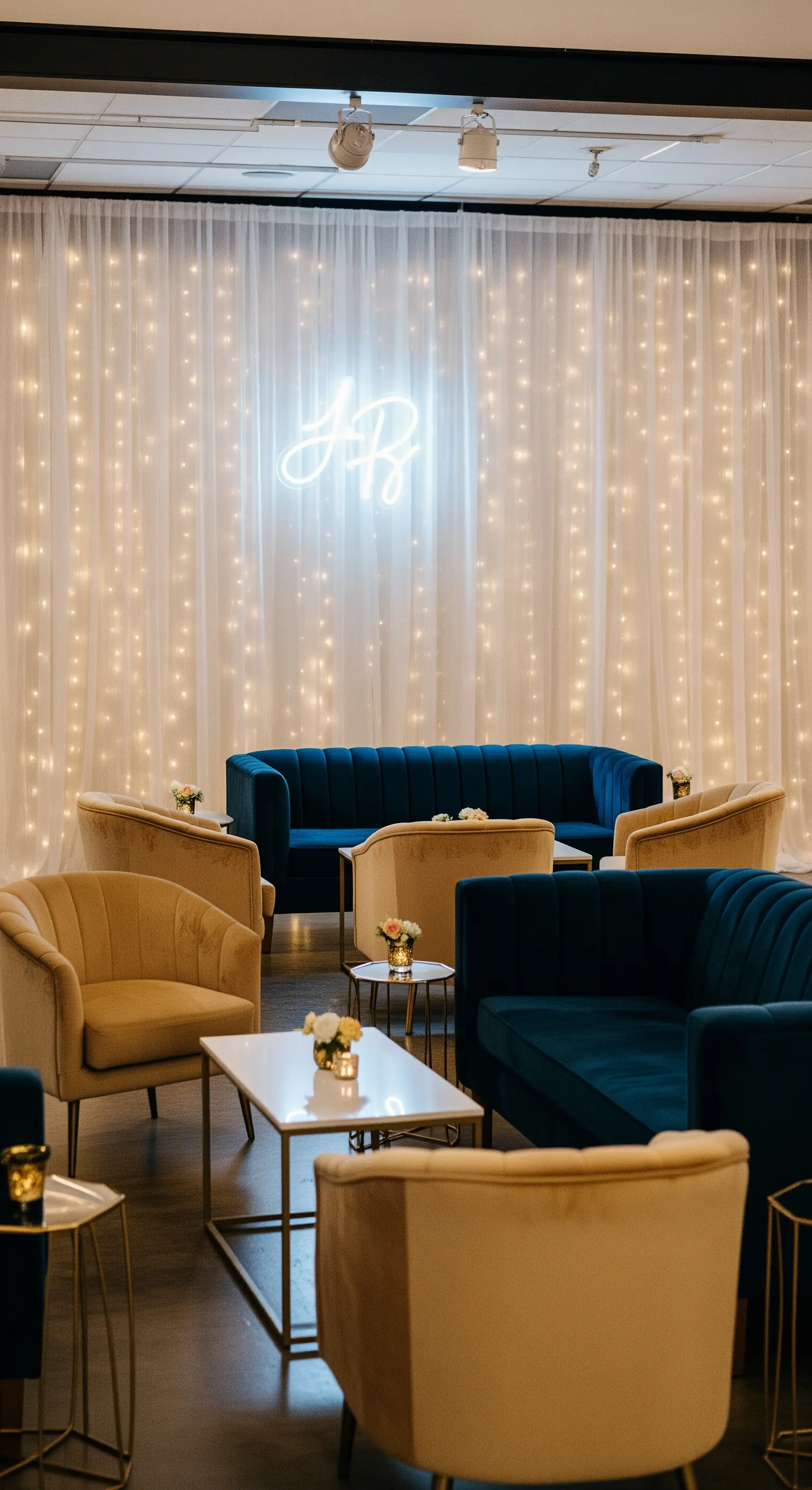 Area lounge con divani in velluto e un'insegna al neon personalizzata.