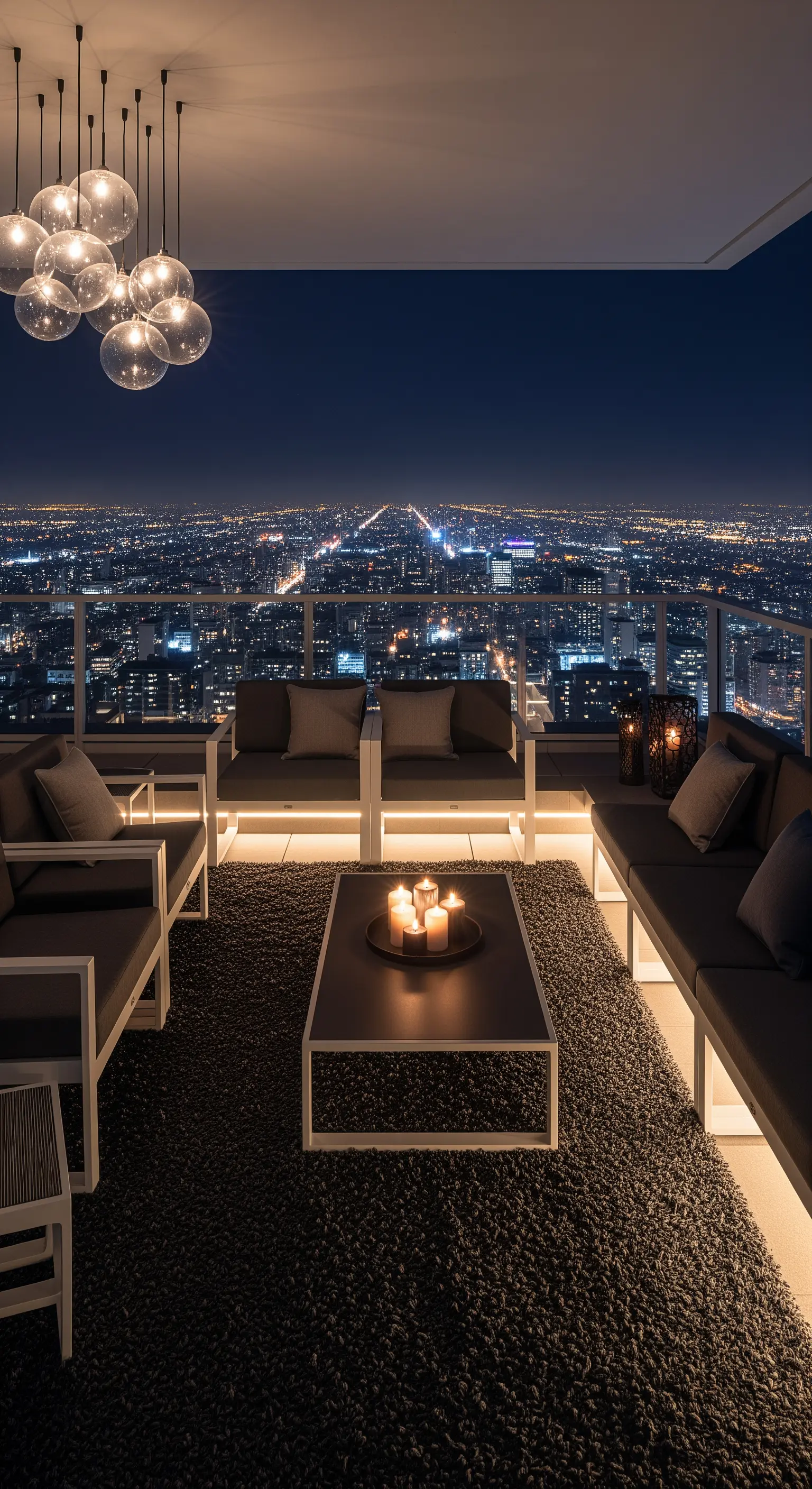 Terrazza panoramica con arredi moderni e illuminazione a LED integrata sotto i divani.