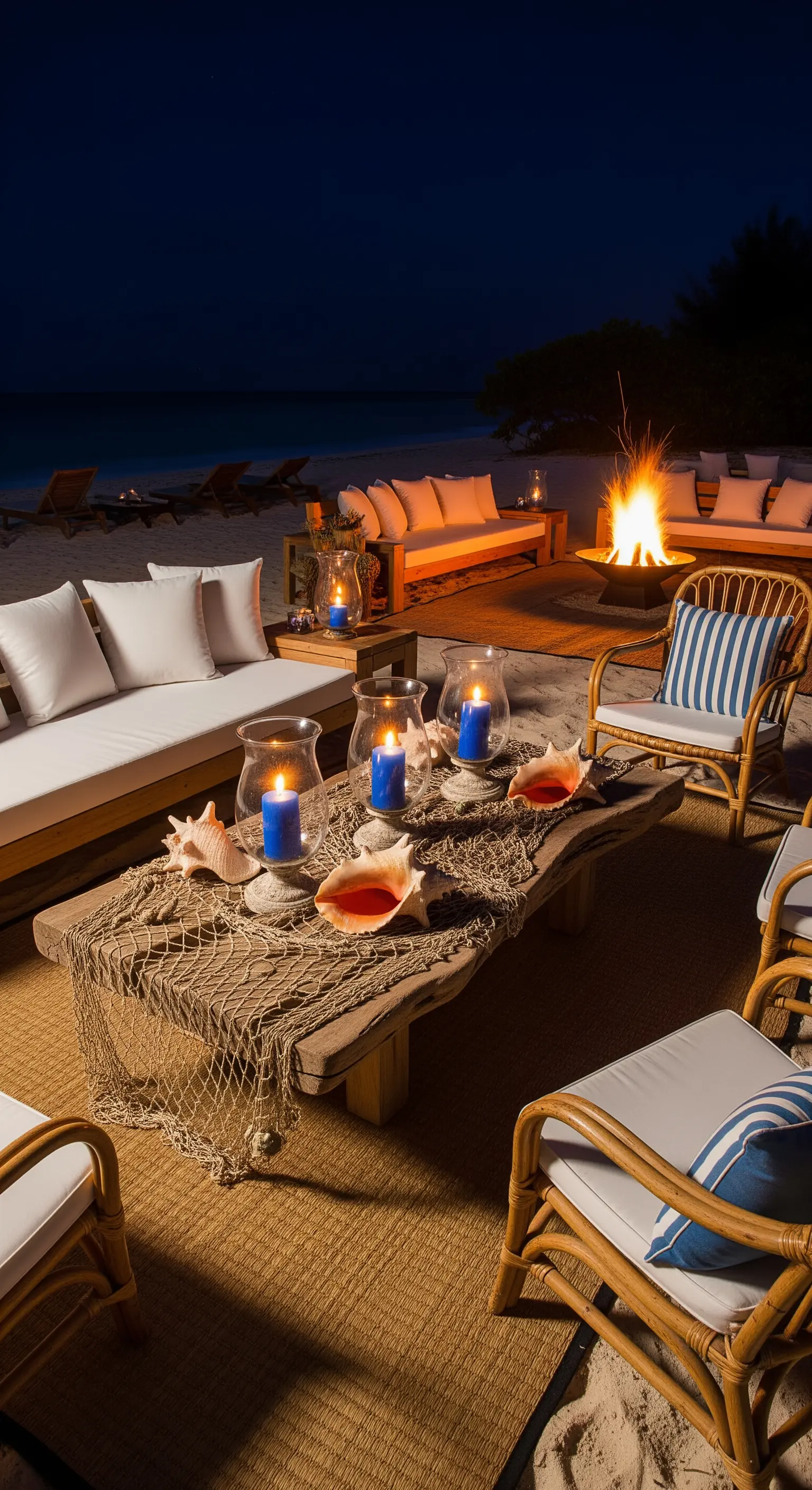 Area lounge sulla spiaggia con divani bianchi, fuoco e tavolo decorato con conchiglie