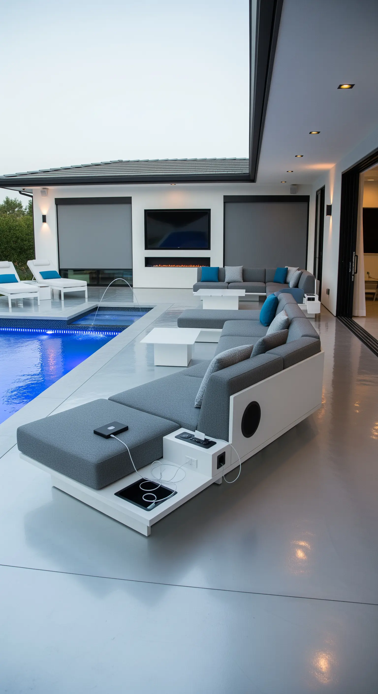 Patio moderno con divano grigio dotato di caricatori e altoparlanti integrati.