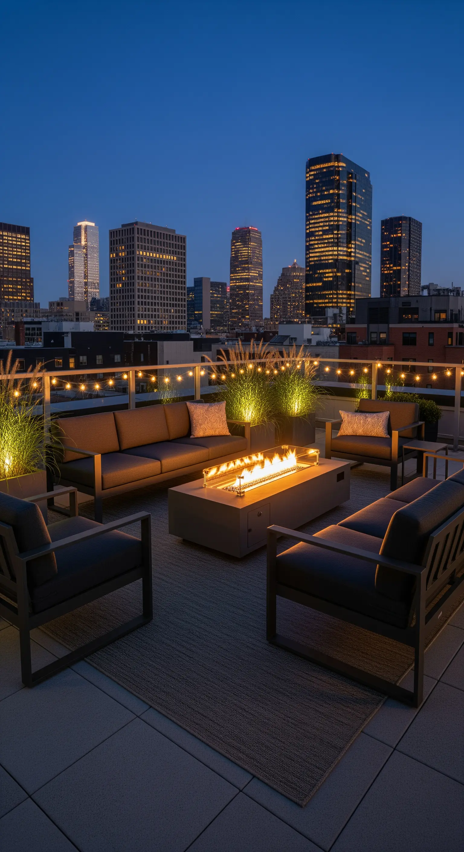 Terrazza panoramica con divani moderni, un braciere centrale e vista sulla città.