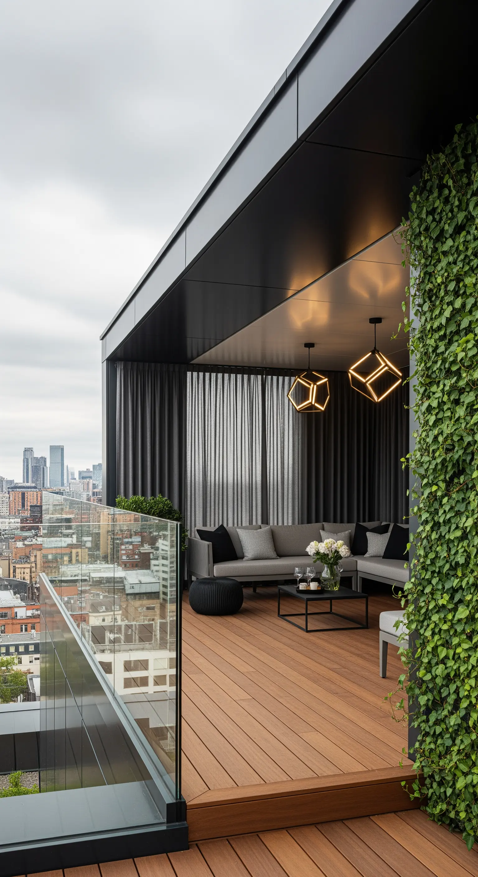 Terrazza moderna con divano grigio, lampade di design e parete verde verticale.