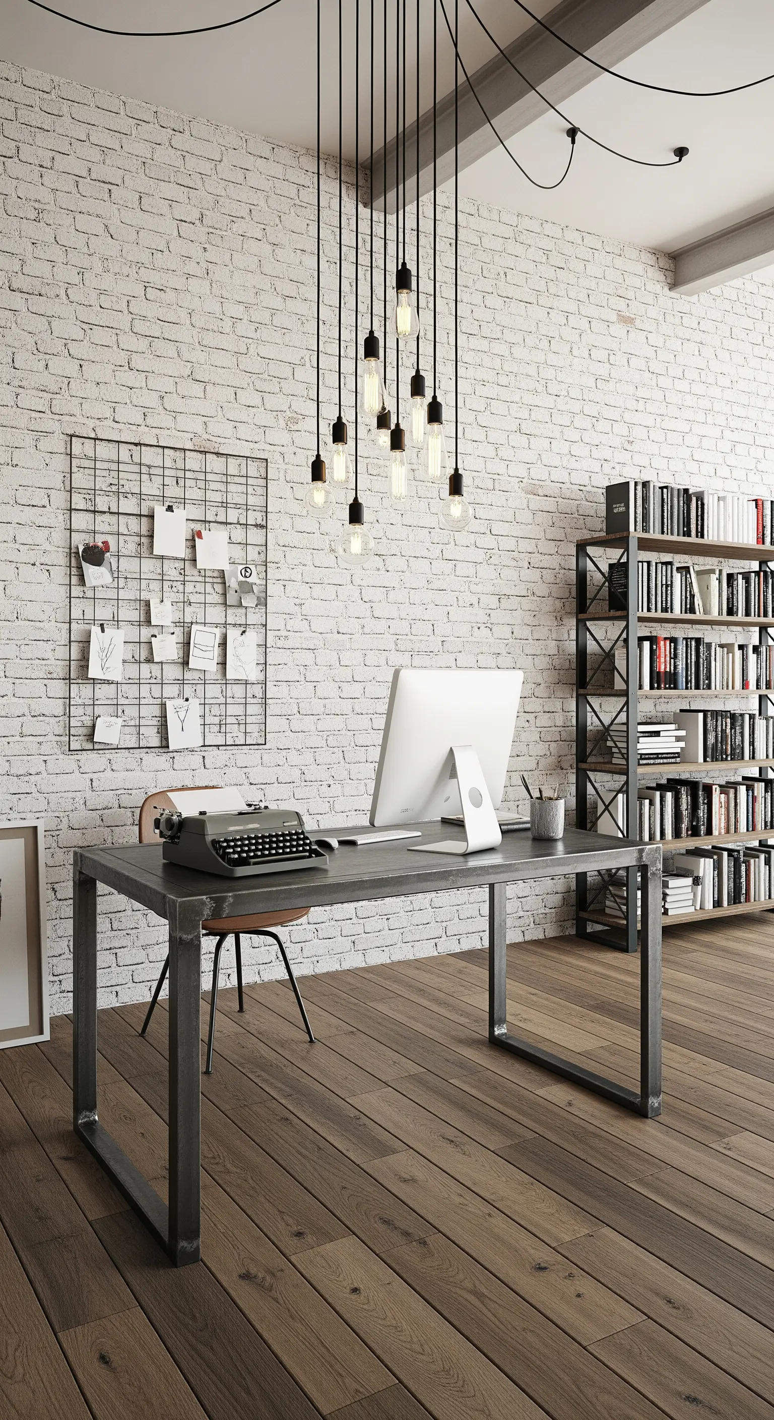 Ufficio con parete di mattoni bianchi, lampadario a grappolo e scrivania in metallo.