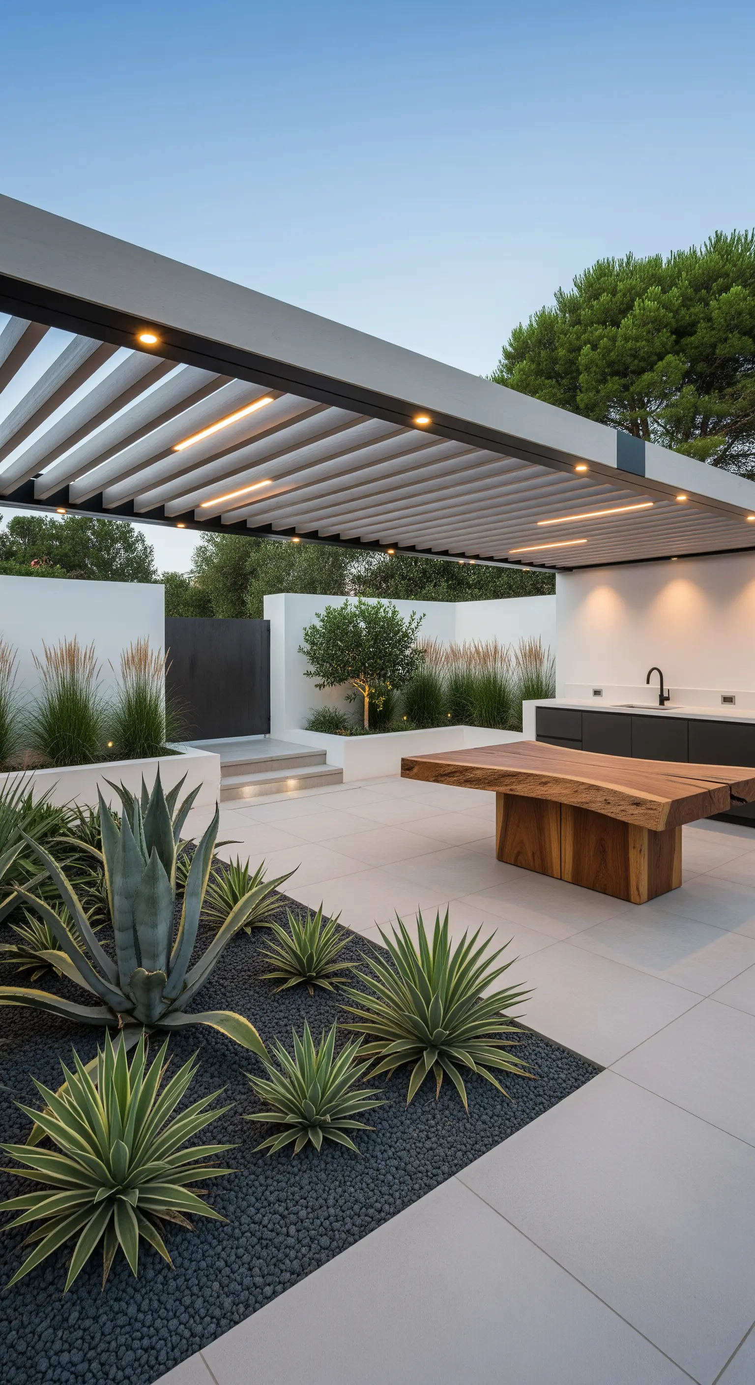 Patio moderno con cucina esterna, pergola minimalista e piante grasse illuminate.