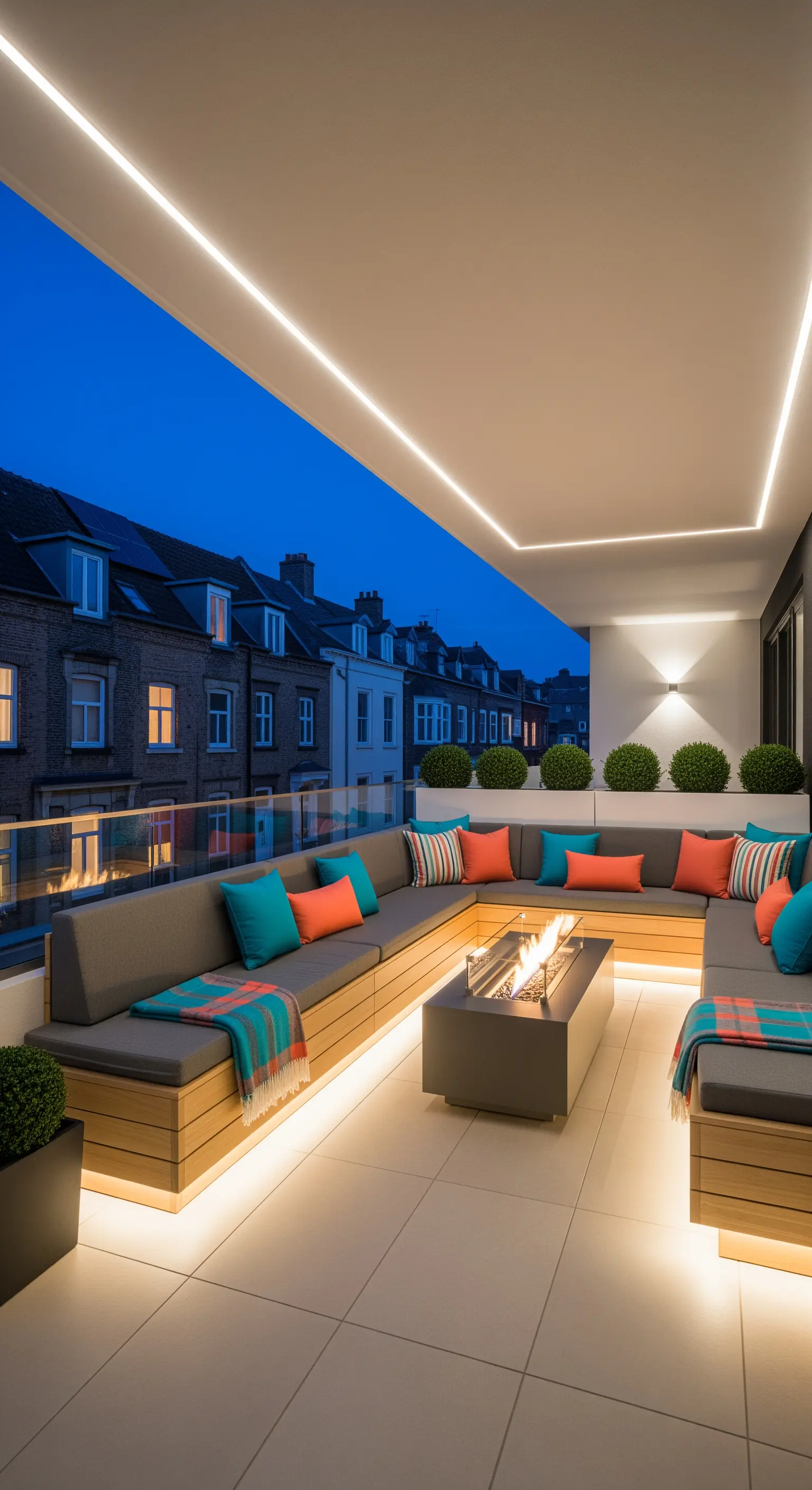 Terrazza moderna di sera con divani a panca illuminati da strisce LED e braciere centrale.