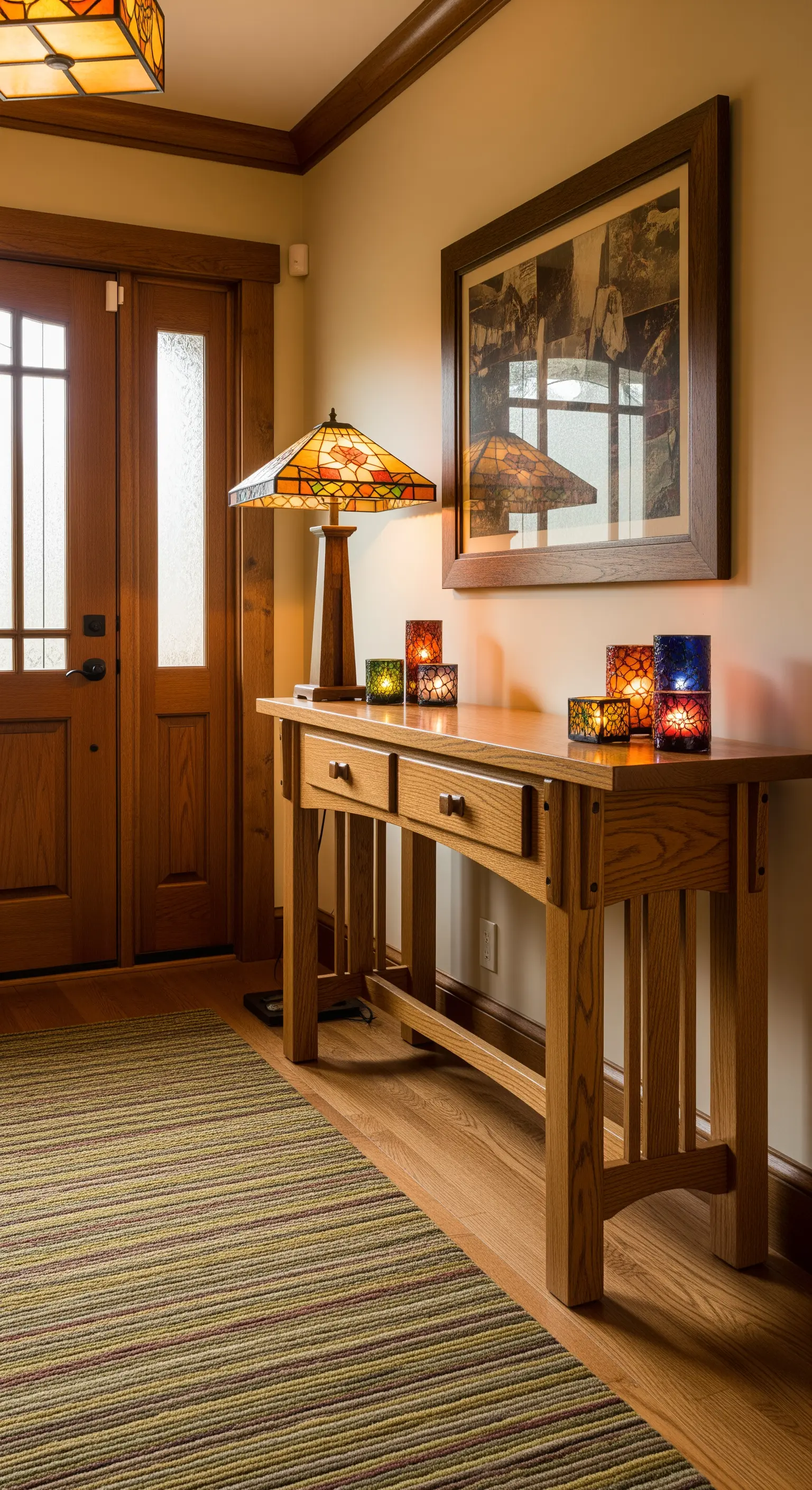 Ingresso in stile Arts and Crafts con consolle in quercia e lampada Tiffany.