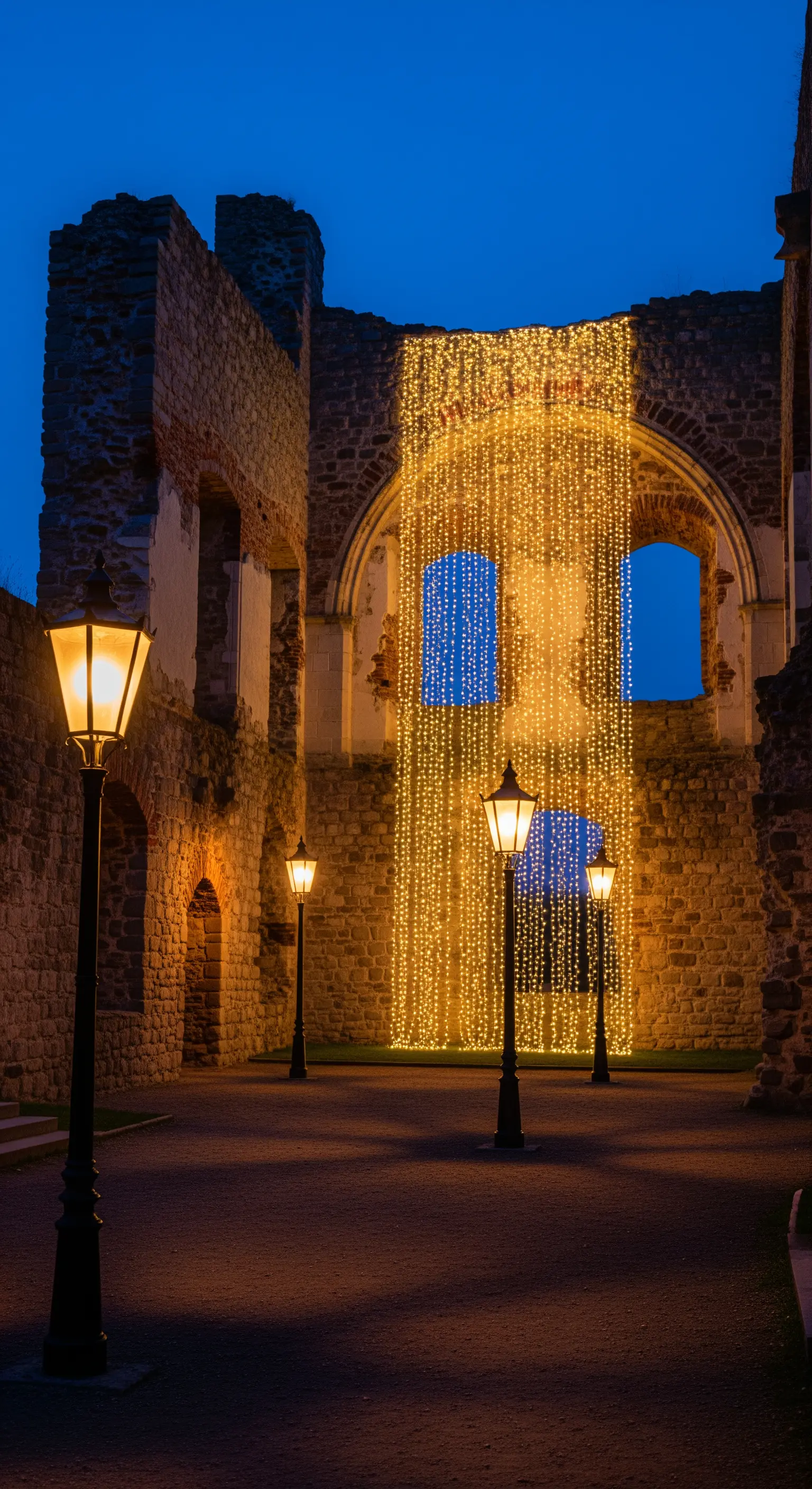 Rovine di un antico edificio in pietra con una cascata di luci dorate installata in un'arcata.