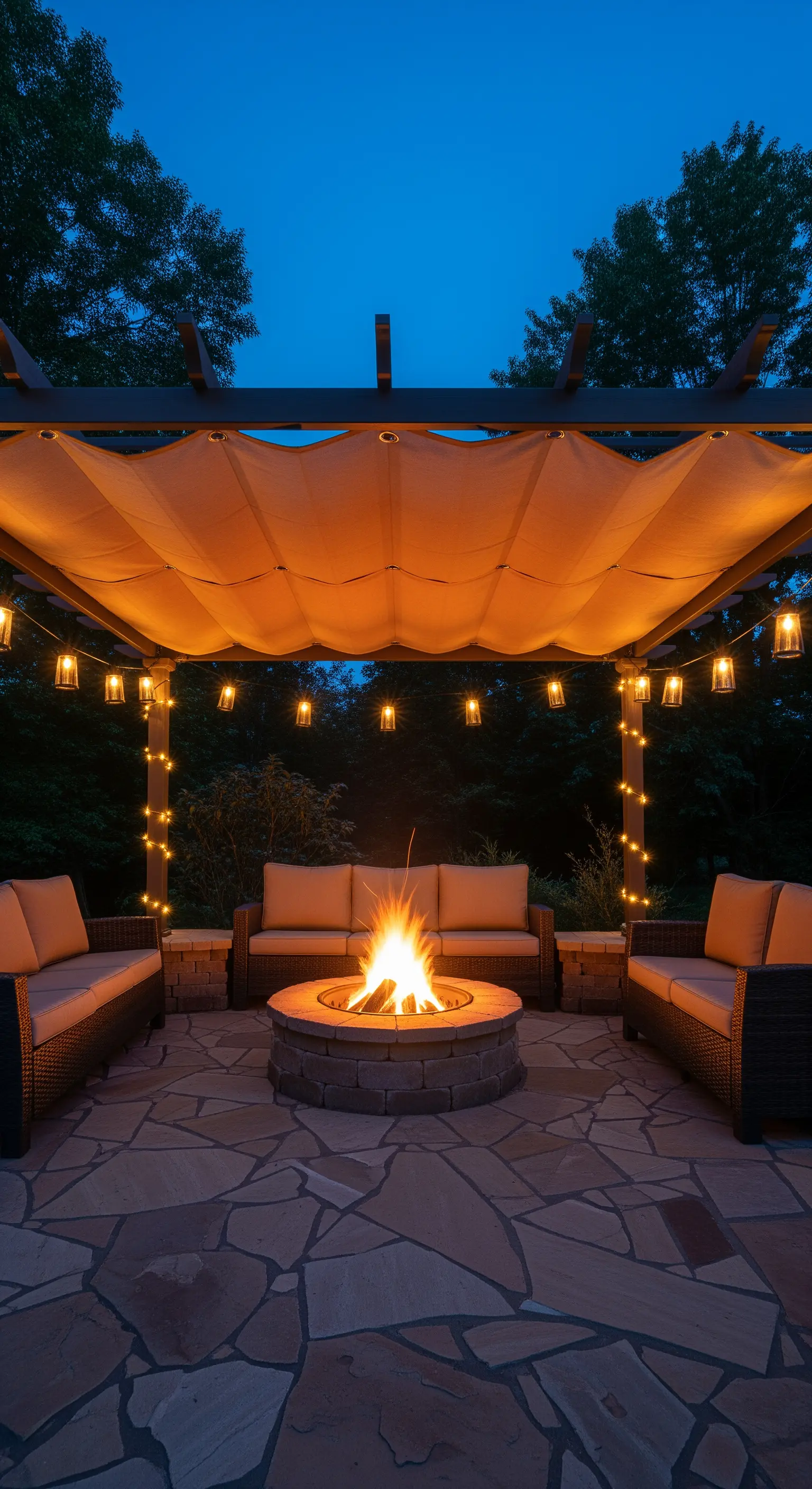 Pergolato con telo beige e lucine, che circonda un braciere acceso.