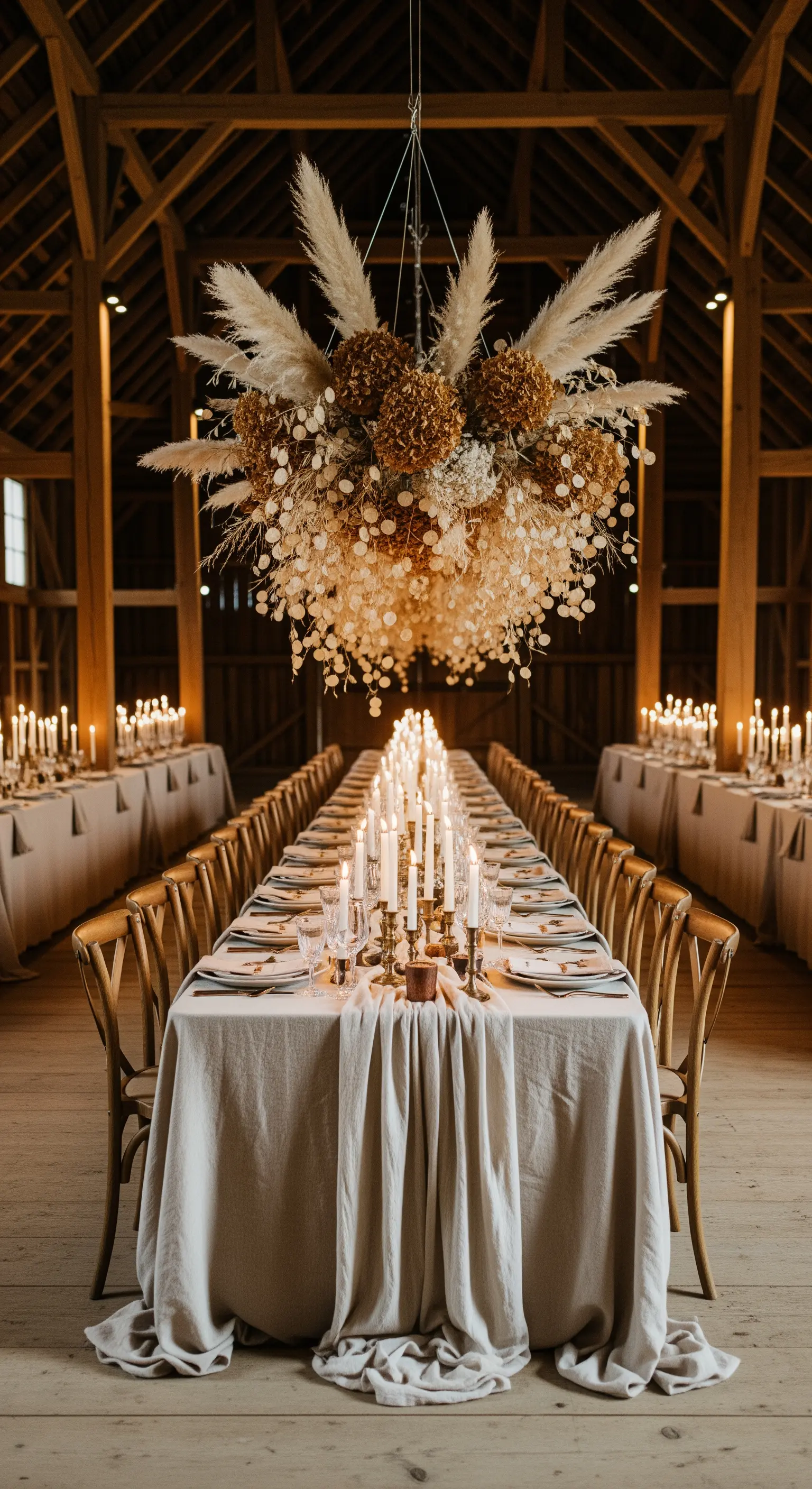 Tavolo imperiale in un fienile con candelabri e un lampadario di fiori secchi.