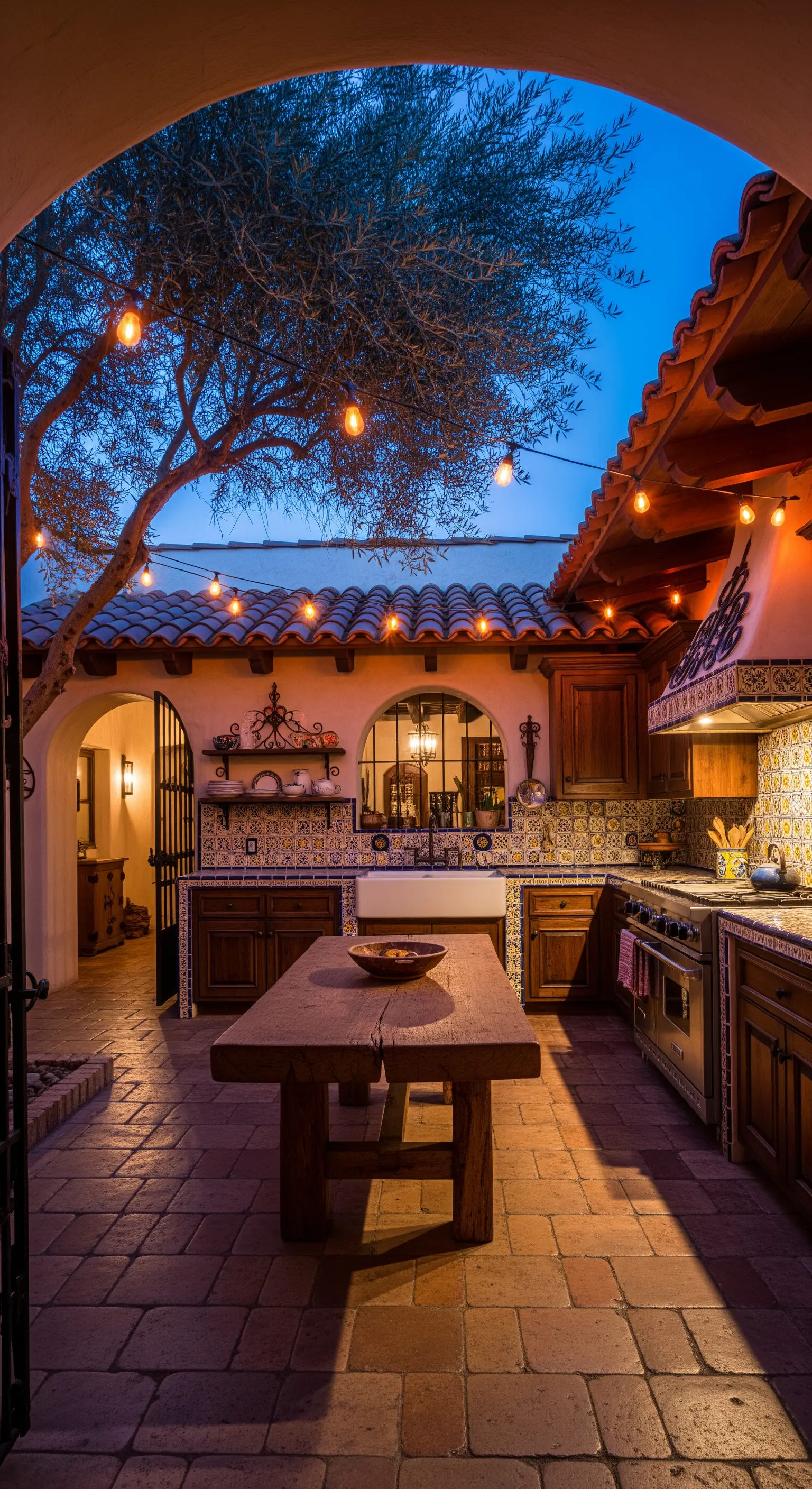 Cucina esterna in stile hacienda con un ulivo e luci a festone che attraversano il patio.