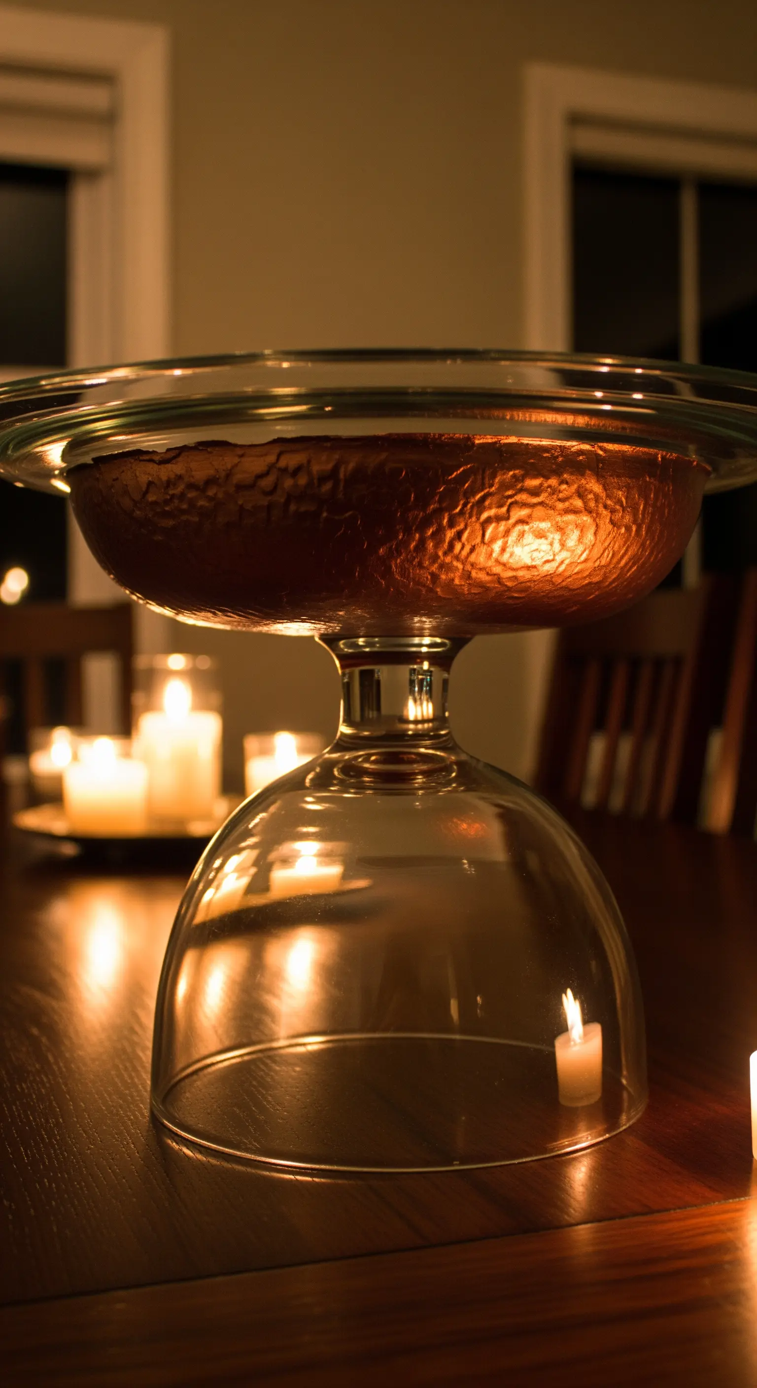 Alzata creata con una coppa in rame martellato e una base in vetro trasparente capovolta