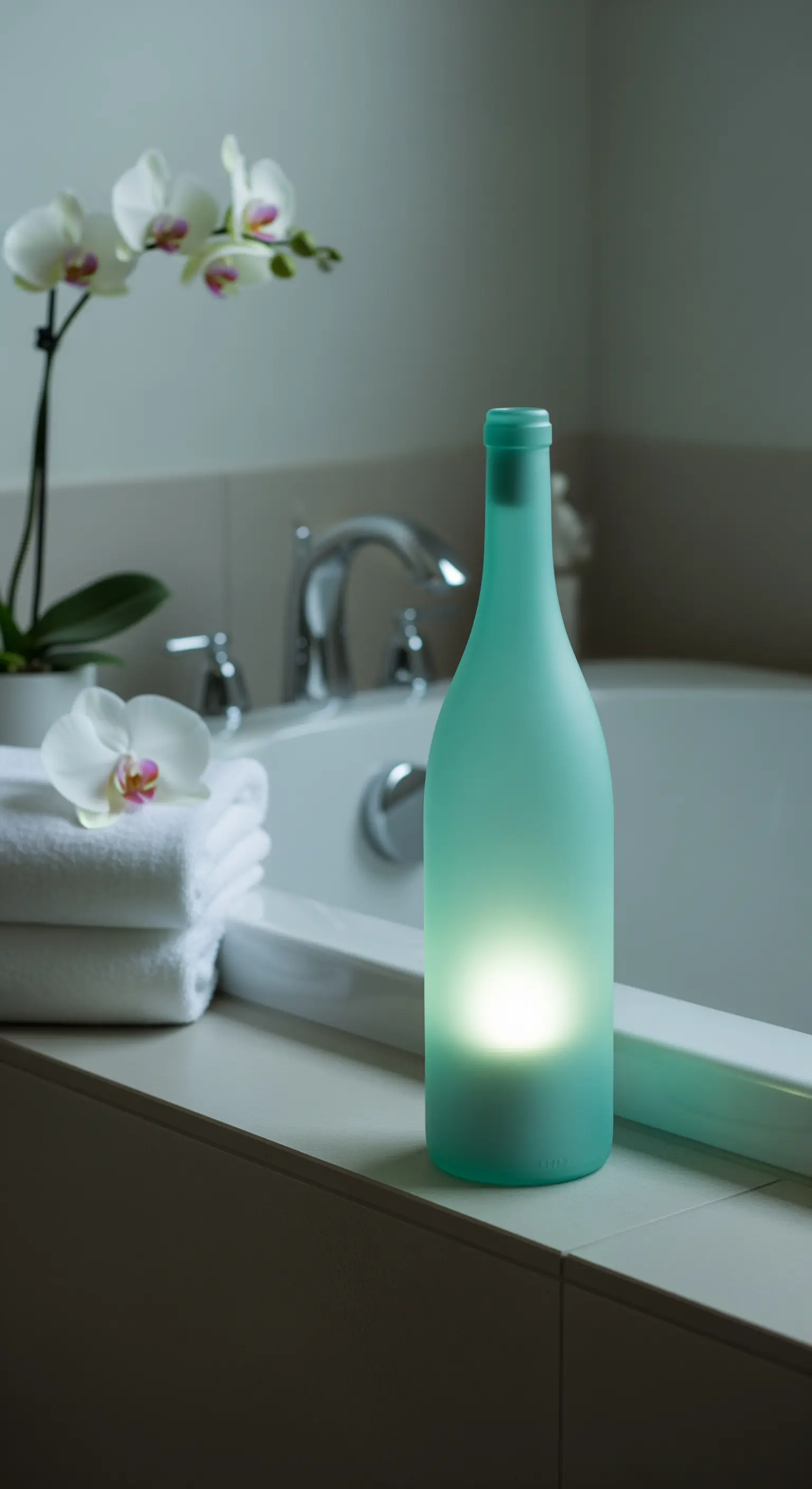 Bottiglia di vetro smerigliato color verde acqua illuminata, accanto a una vasca da bagno.