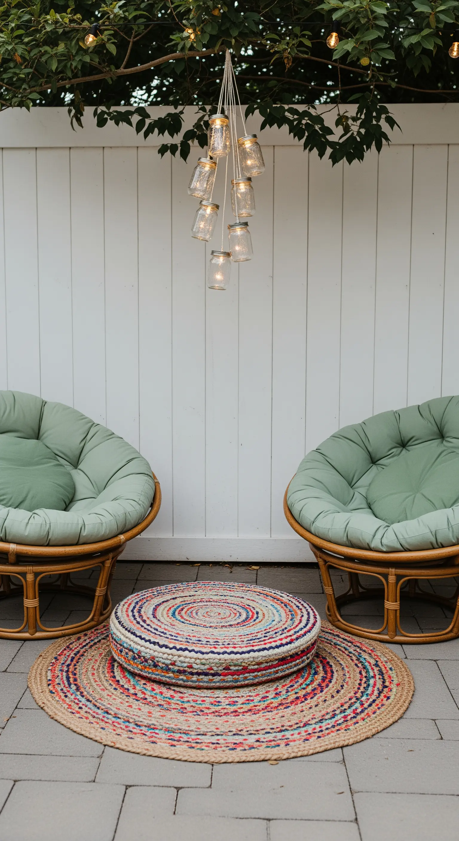 Angolo relax con poltrone Papasan e un lampadario fai-da-te con barattoli di vetro e lucine.