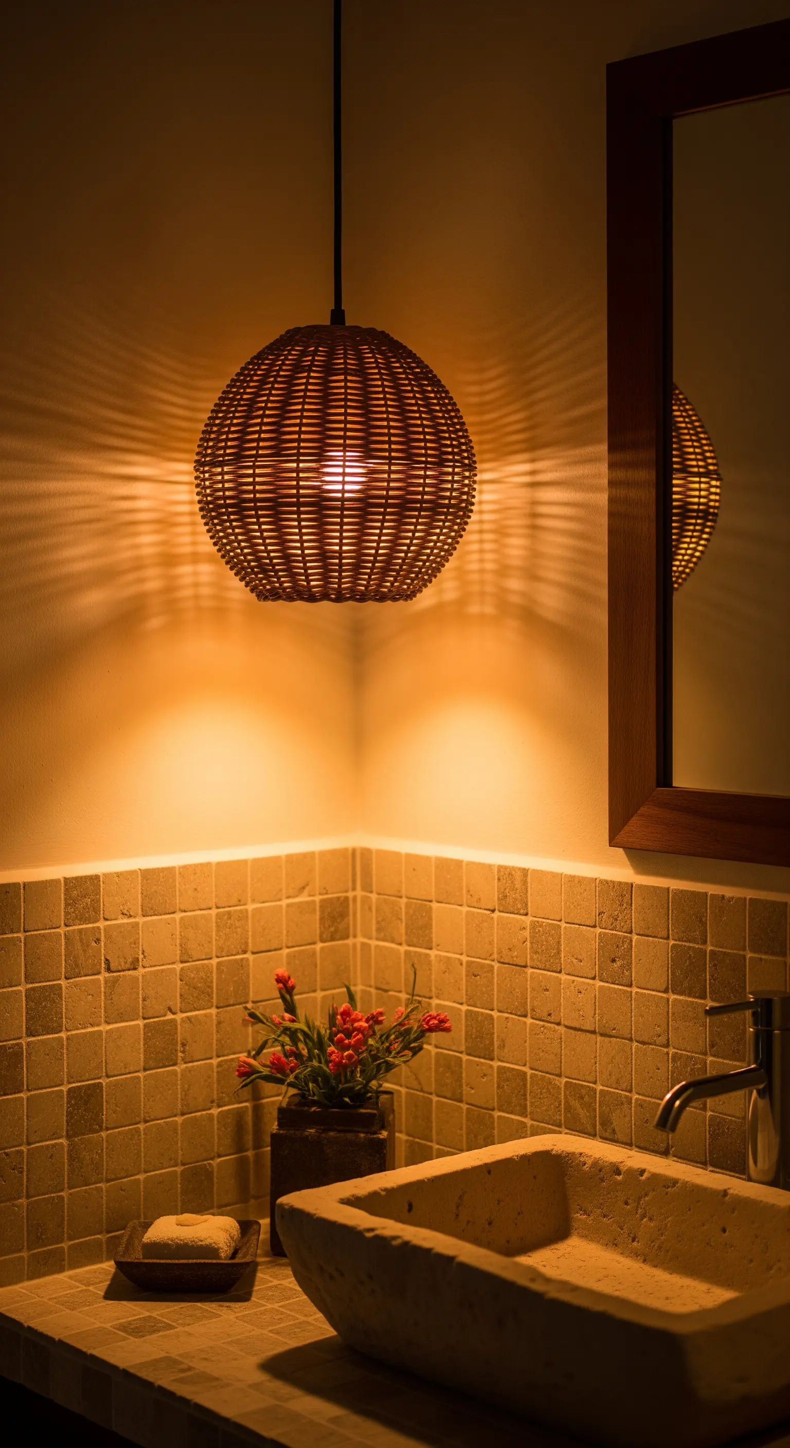 Lampada sferica in vimini sospesa in un angolo del bagno con lavabo in pietra.