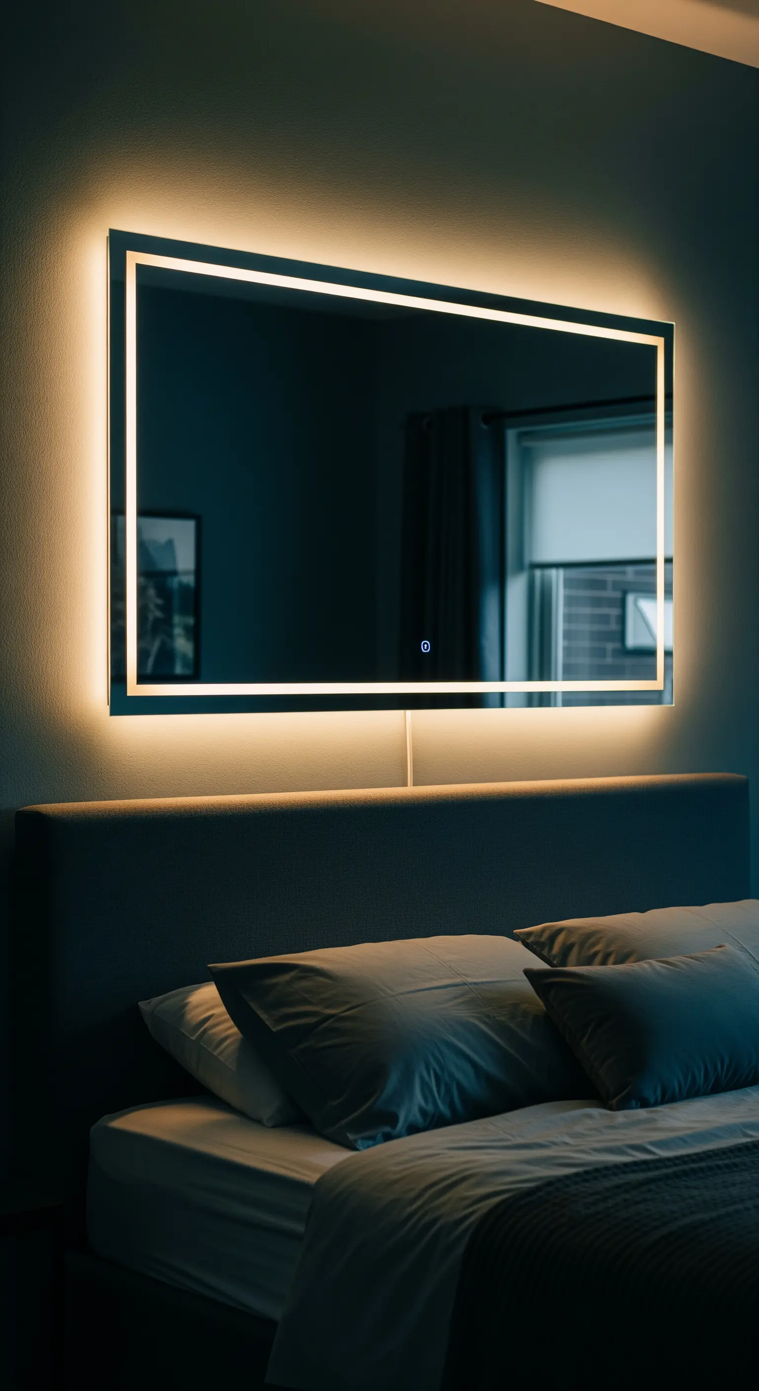 Specchio rettangolare con retroilluminazione a LED calda, appeso sopra la testata di un letto.
