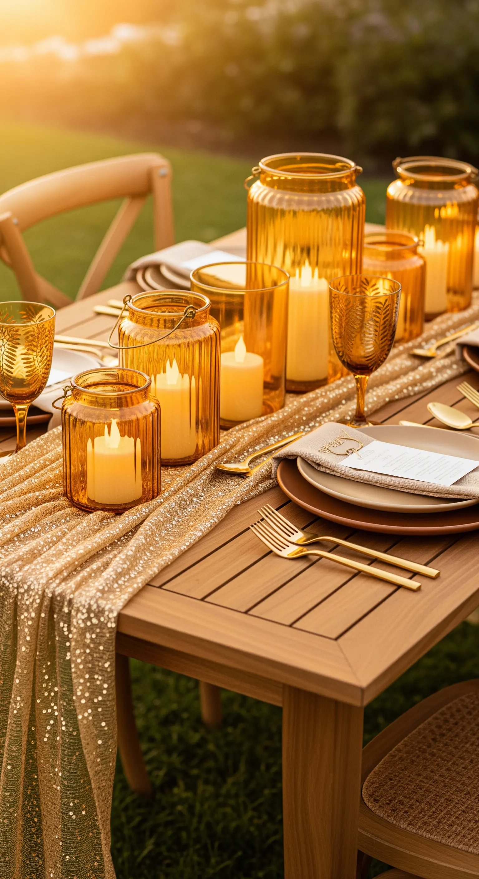 Tavola all'aperto al tramonto con runner dorato, lanterne e bicchieri color ambra.