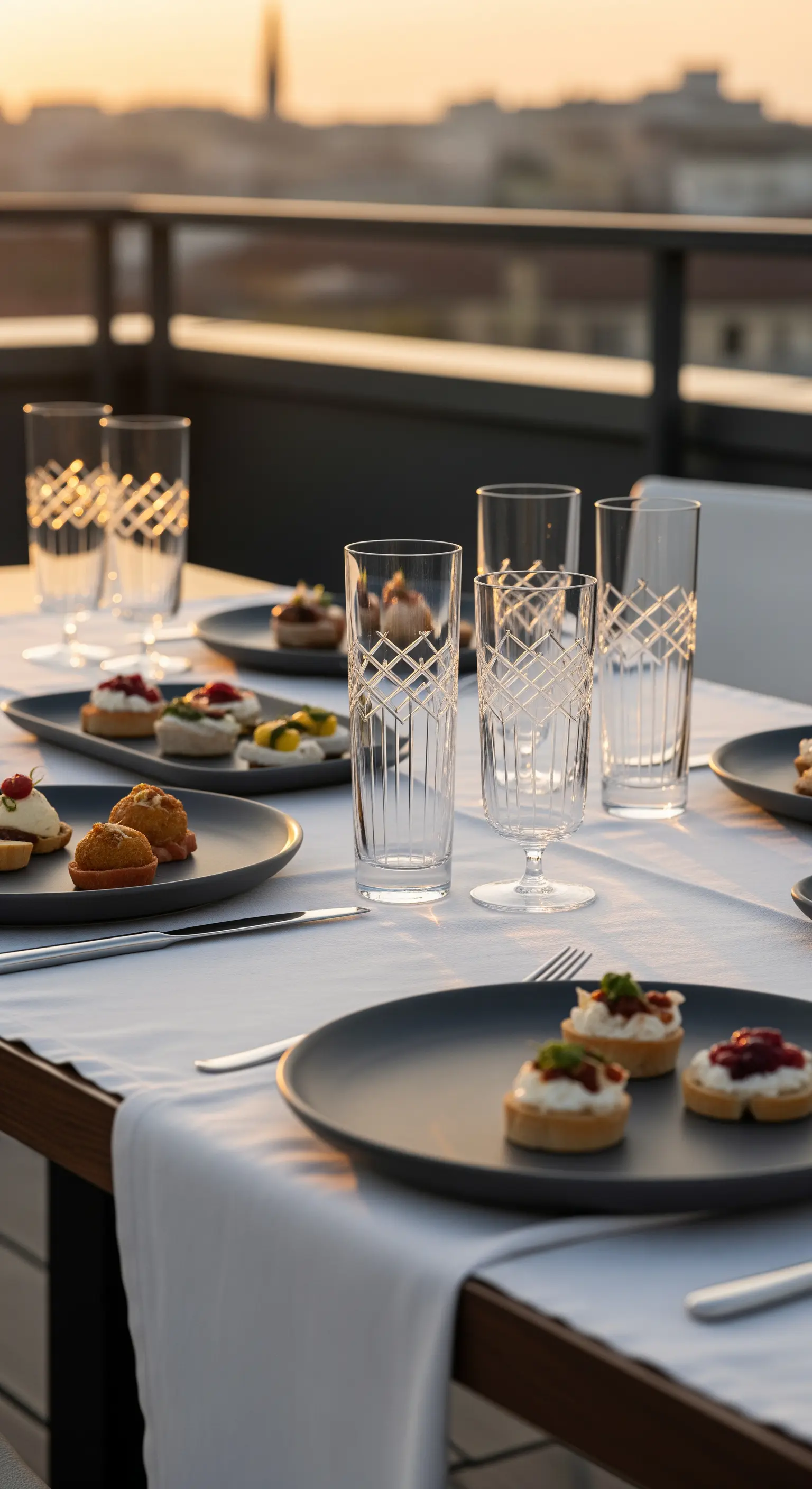 Tavola per aperitivo in terrazza al tramonto, con piatti scuri e bicchieri di cristallo intagliati