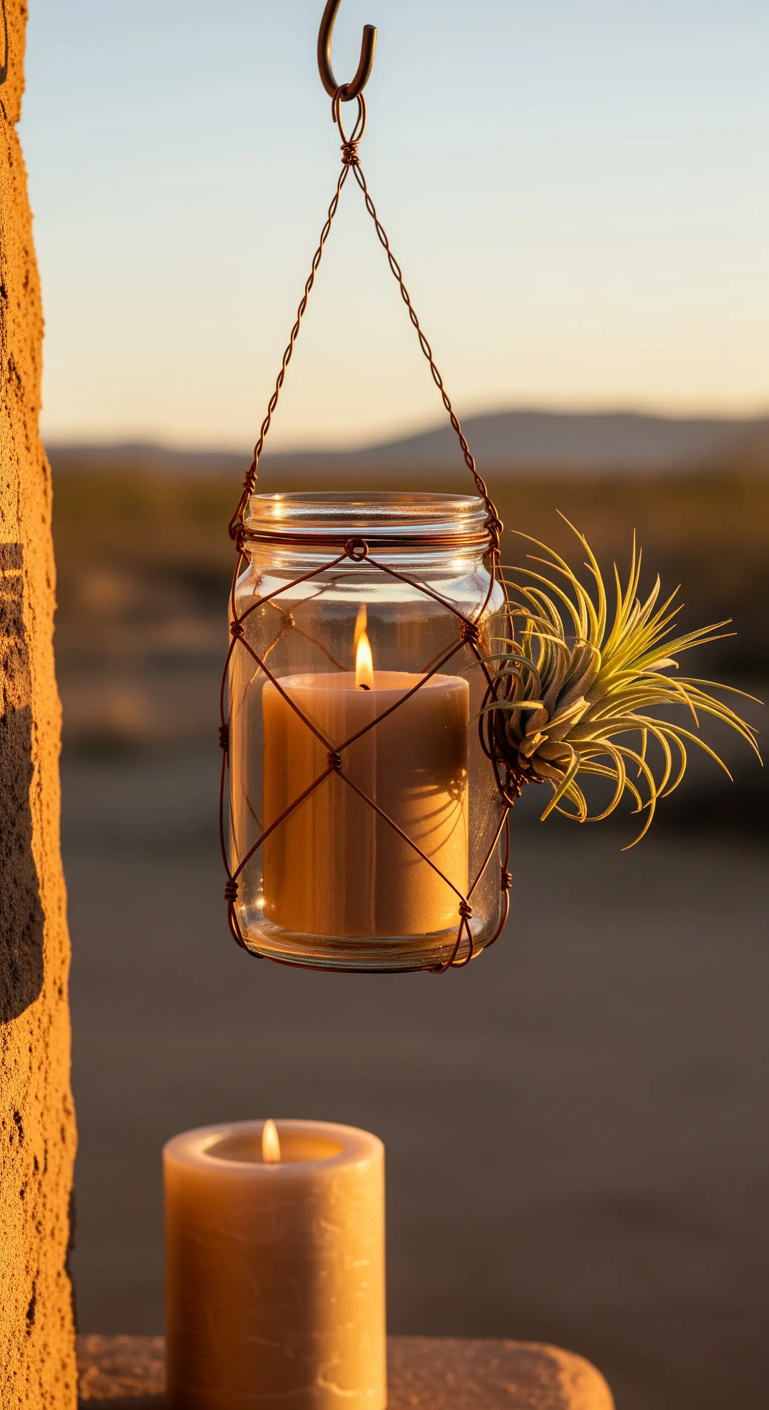 Barattolo di vetro con candela, avvolto in una rete di rame che sostiene una pianta aerea.