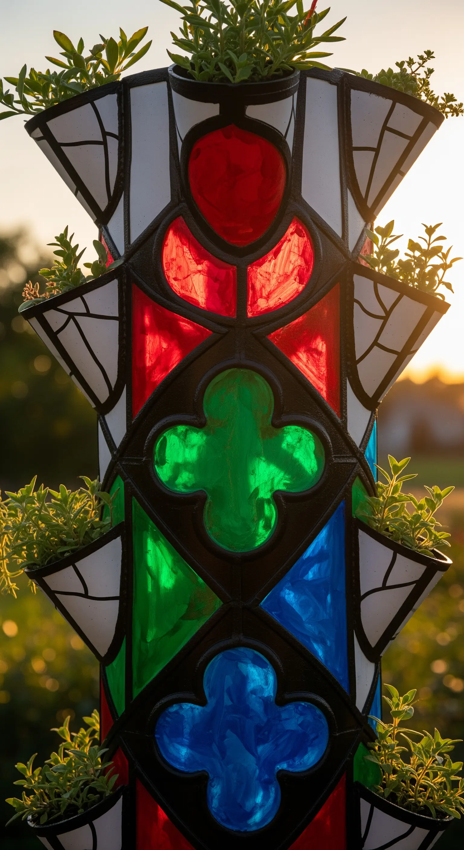 Fioriera verticale in PVC dipinta per imitare una vetrata colorata gotica.