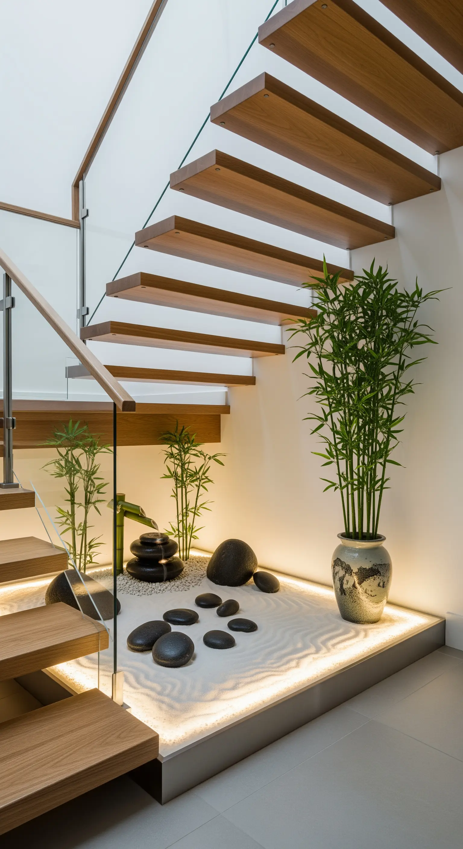 Giardino zen illuminato dal basso, posizionato sotto una scala moderna in legno e vetro.