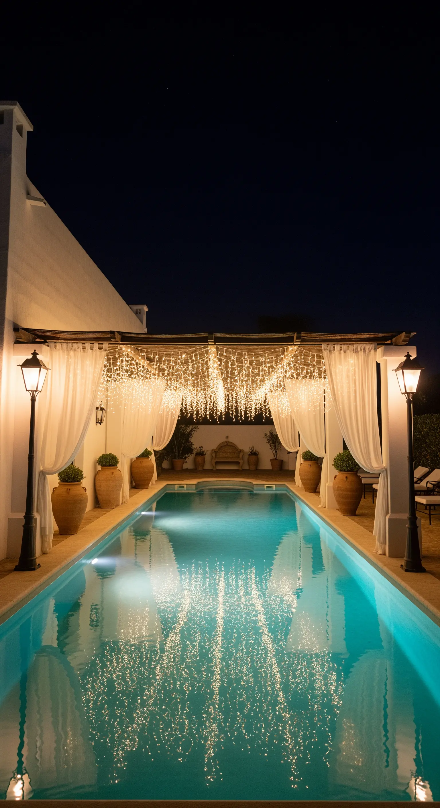 Bordo piscina con un pergolato decorato da tende bianche e una cortina di luci calde.