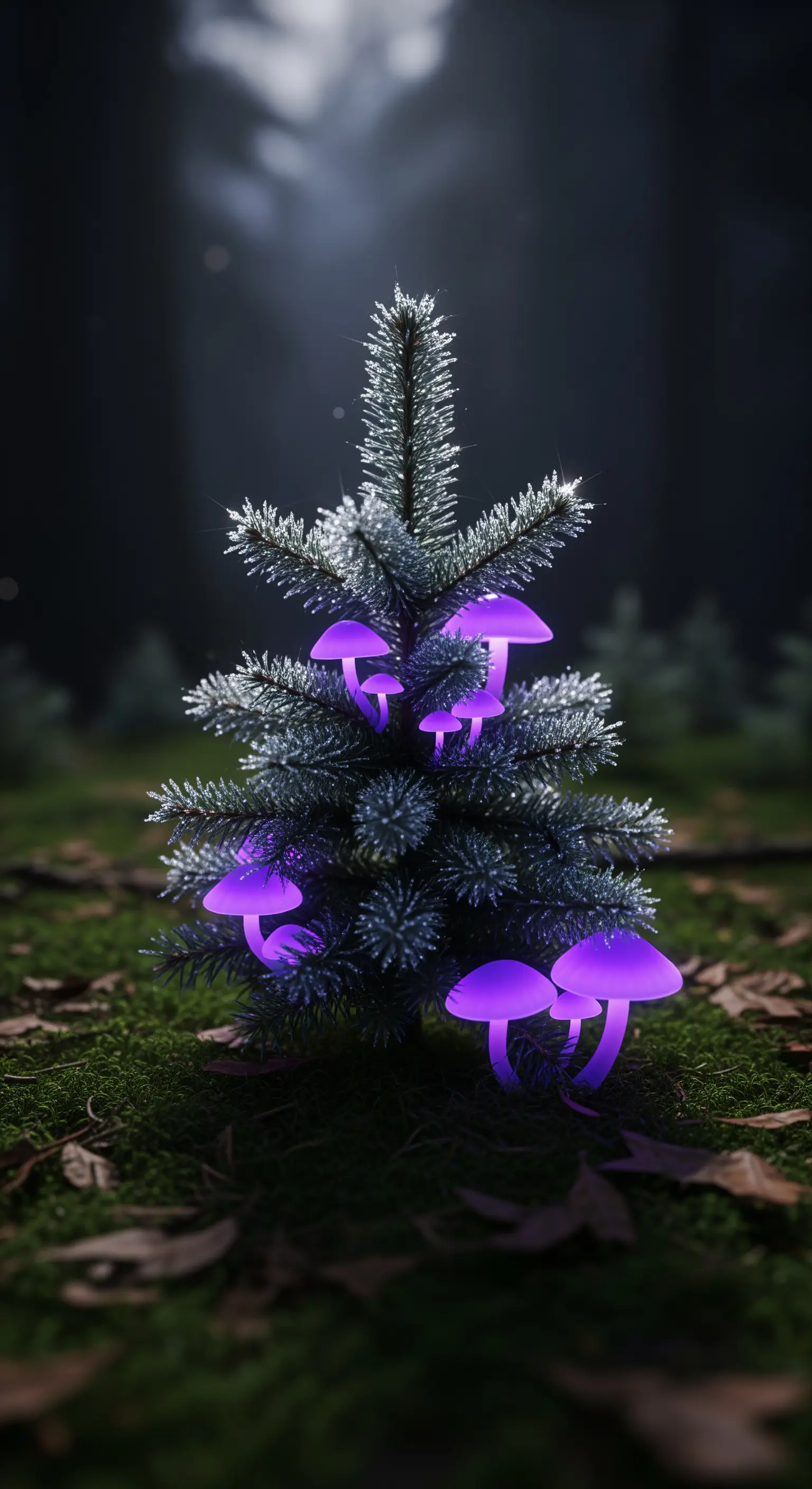 Piccolo abete brinato con funghi luminosi viola che spuntano dal muschio alla base.