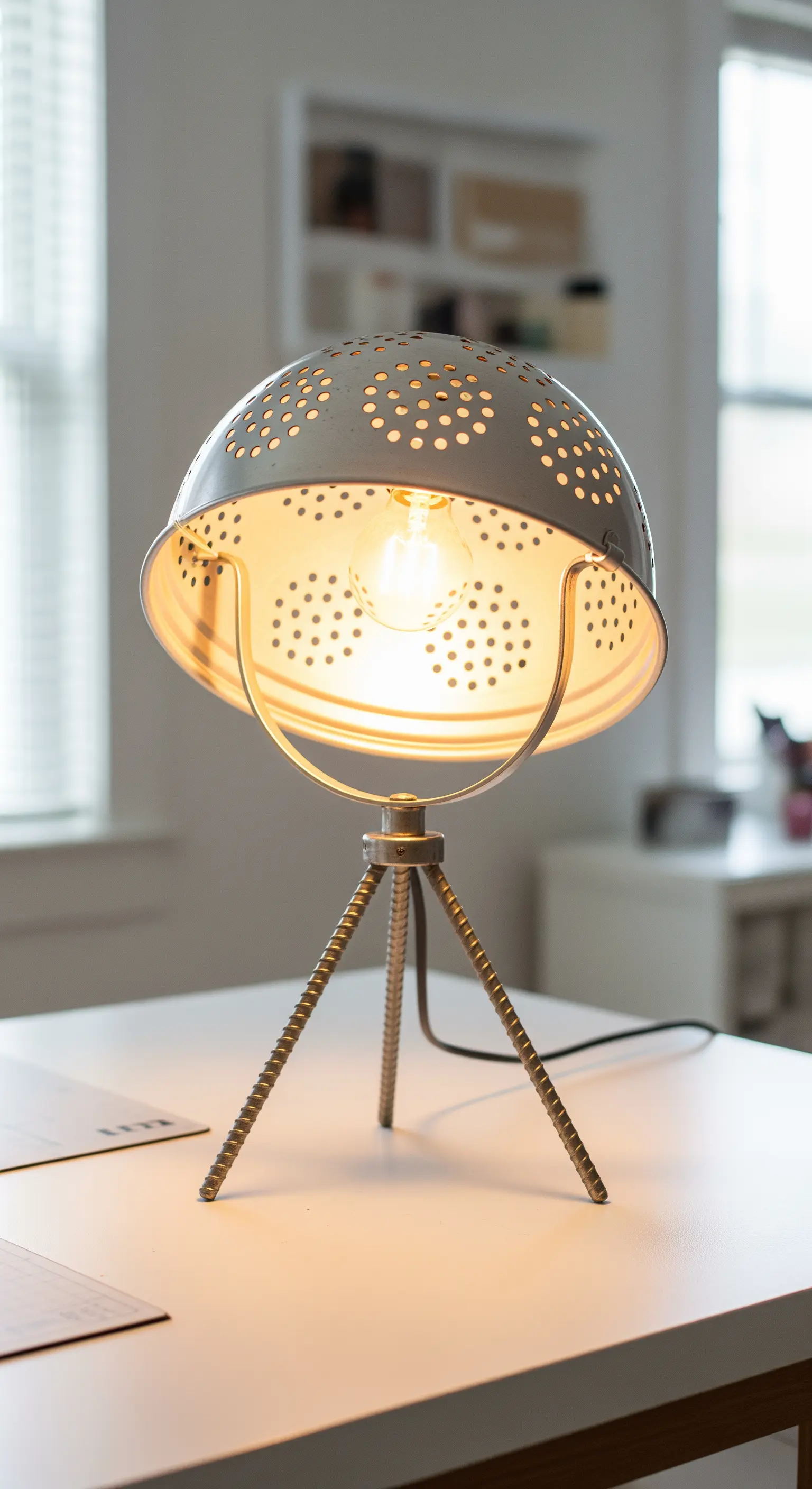 Paralume creato con uno scolapasta in metallo montato su un treppiede di tondini.