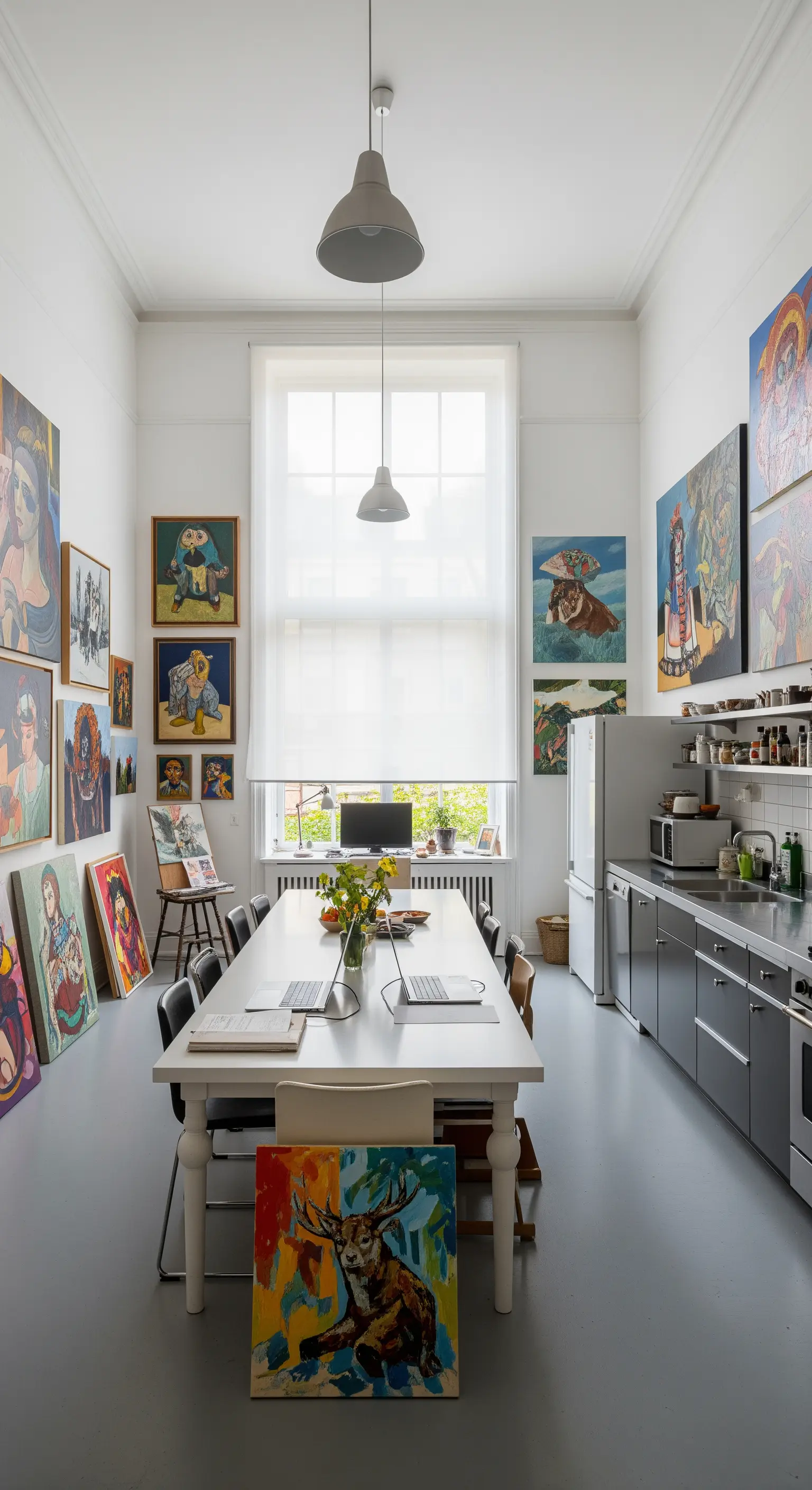 Cucina-studio d'artista con lungo tavolo bianco e una grande tenda a rullo sulla finestra.