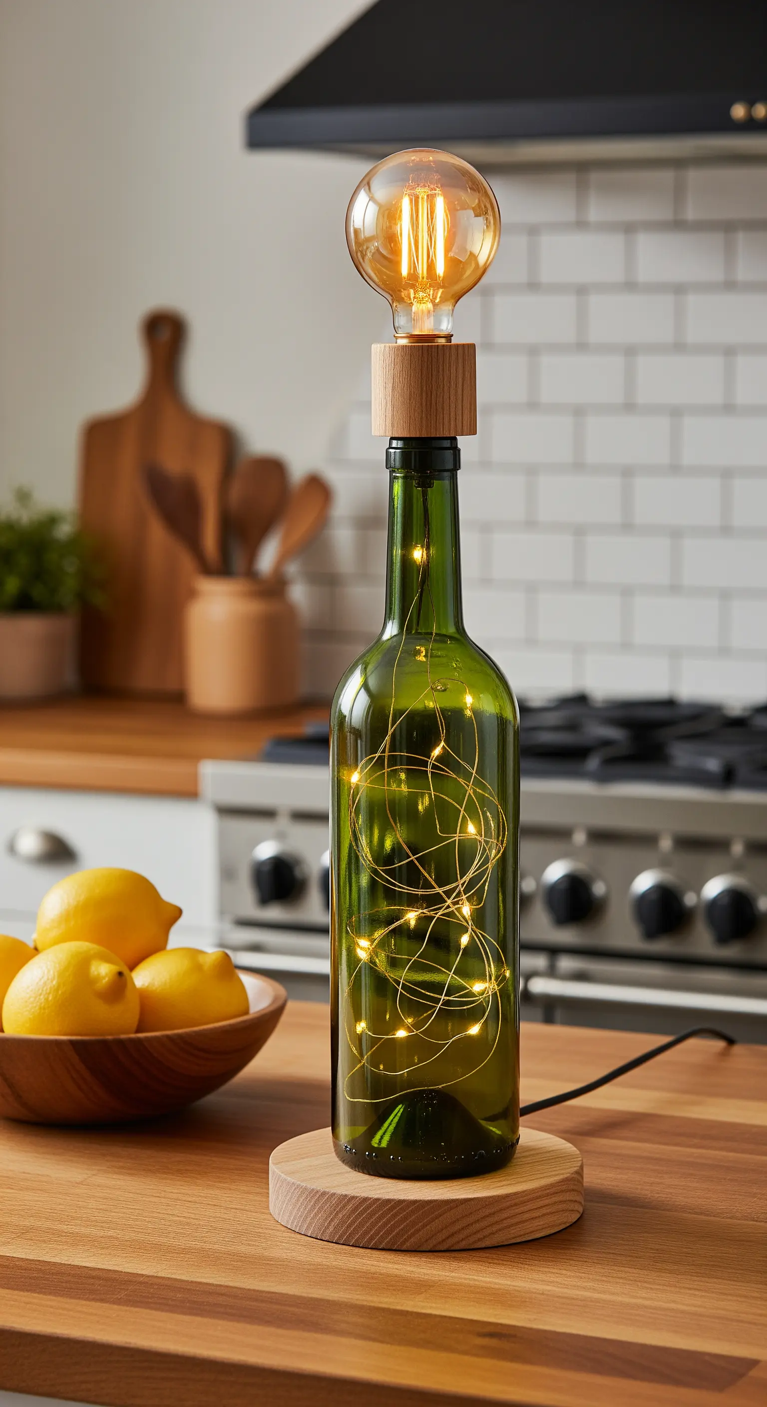 Lampada creata con una bottiglia di vino verde, luci led interne e lampadina superiore.