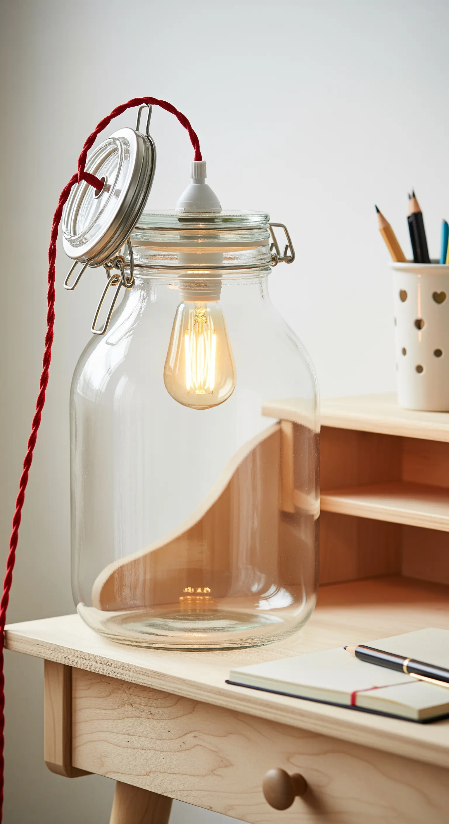Lampada fai-da-te con un grande barattolo di vetro, coperchio forato e cavo rosso.