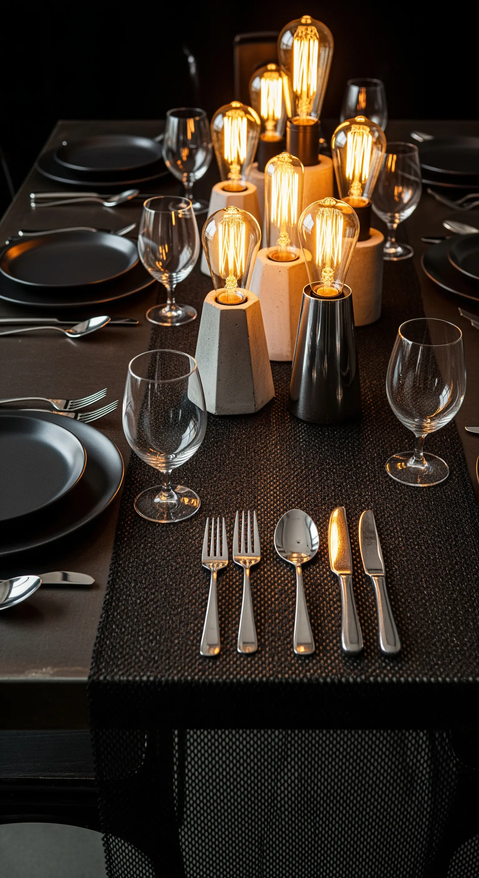 Centrotavola composto da lampadine Edison con basi in cemento su una tavola scura.