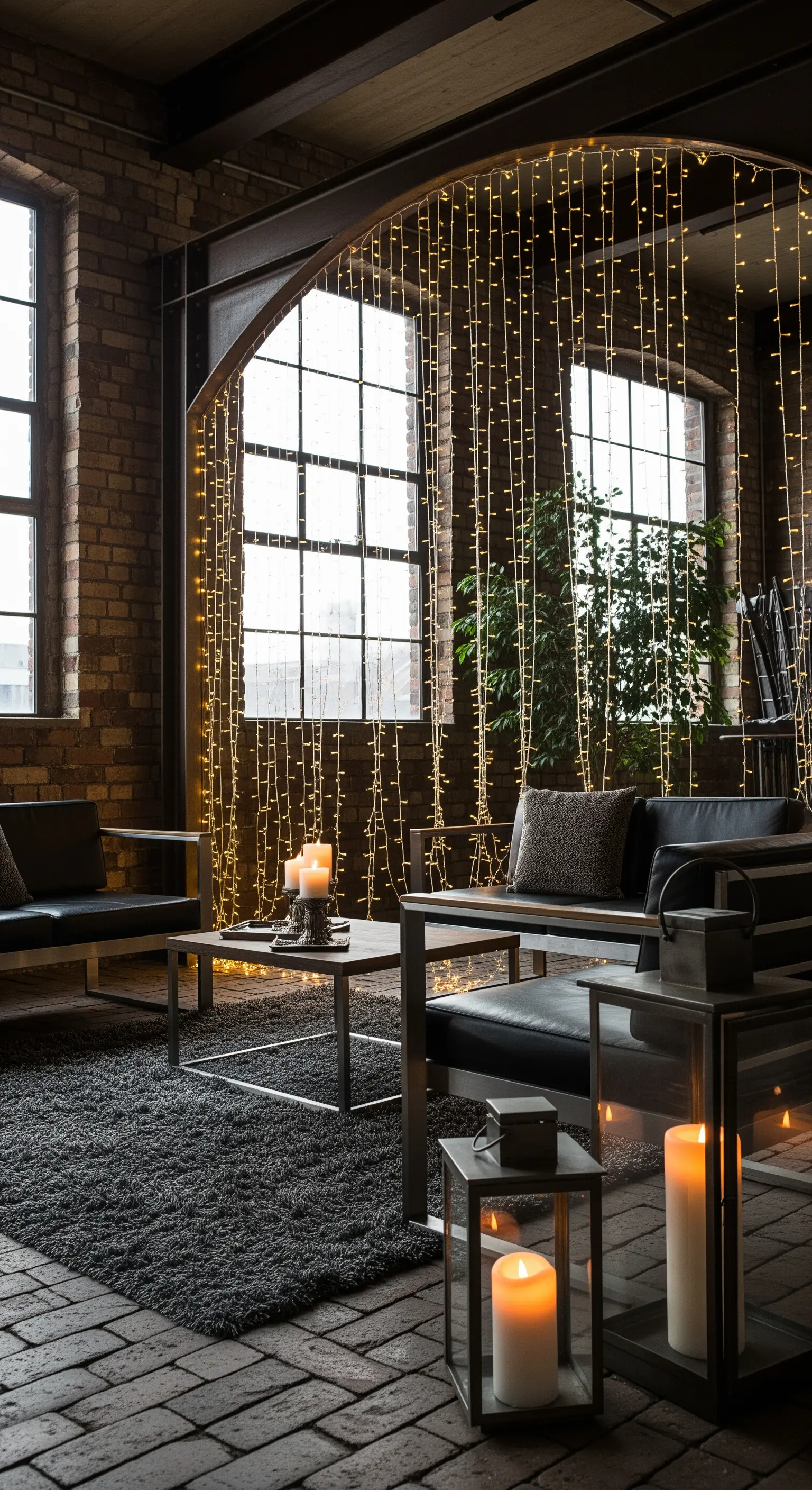 Loft industriale con arco di lucine a cascata e arredi moderni scuri.