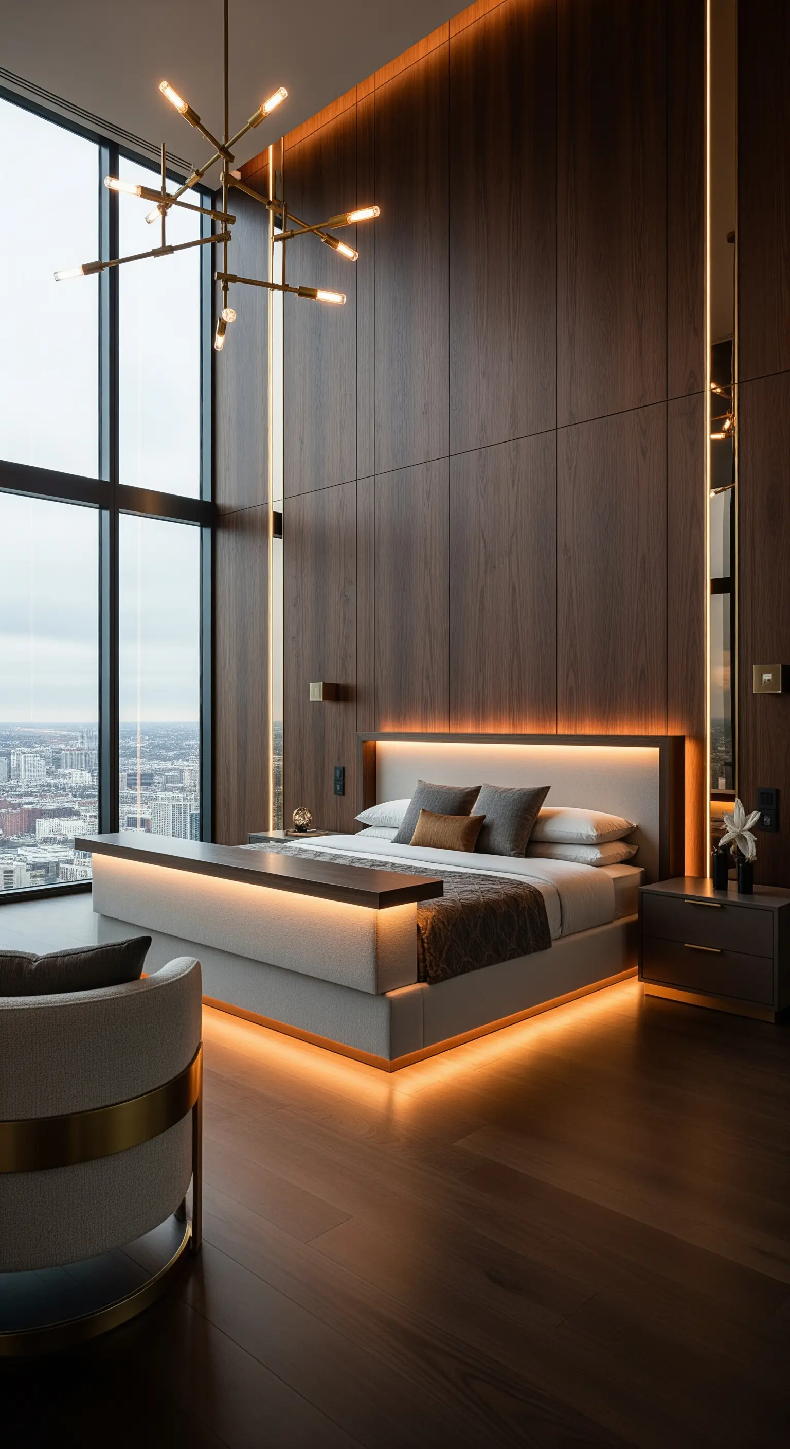 Camera da letto moderna con boiserie in legno, illuminazione a LED integrata e letto fluttuante.