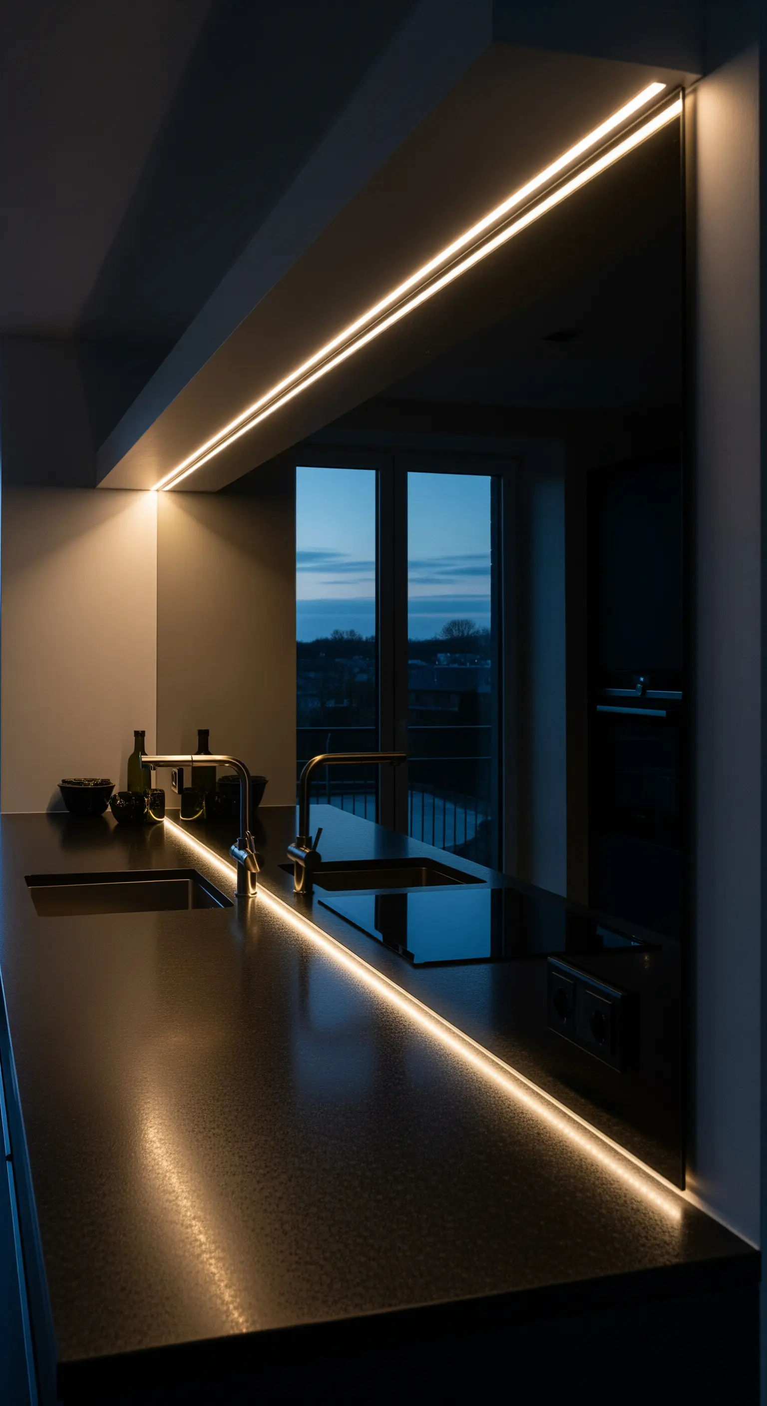 Paraschizzi a specchio in una cucina scura con illuminazione a LED integrata.