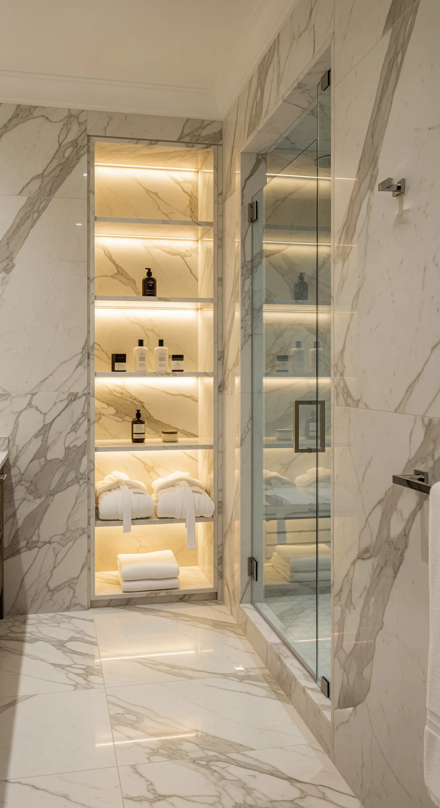 Nicchia in marmo con illuminazione a LED integrata che illumina ripiani con prodotti e accappatoi.