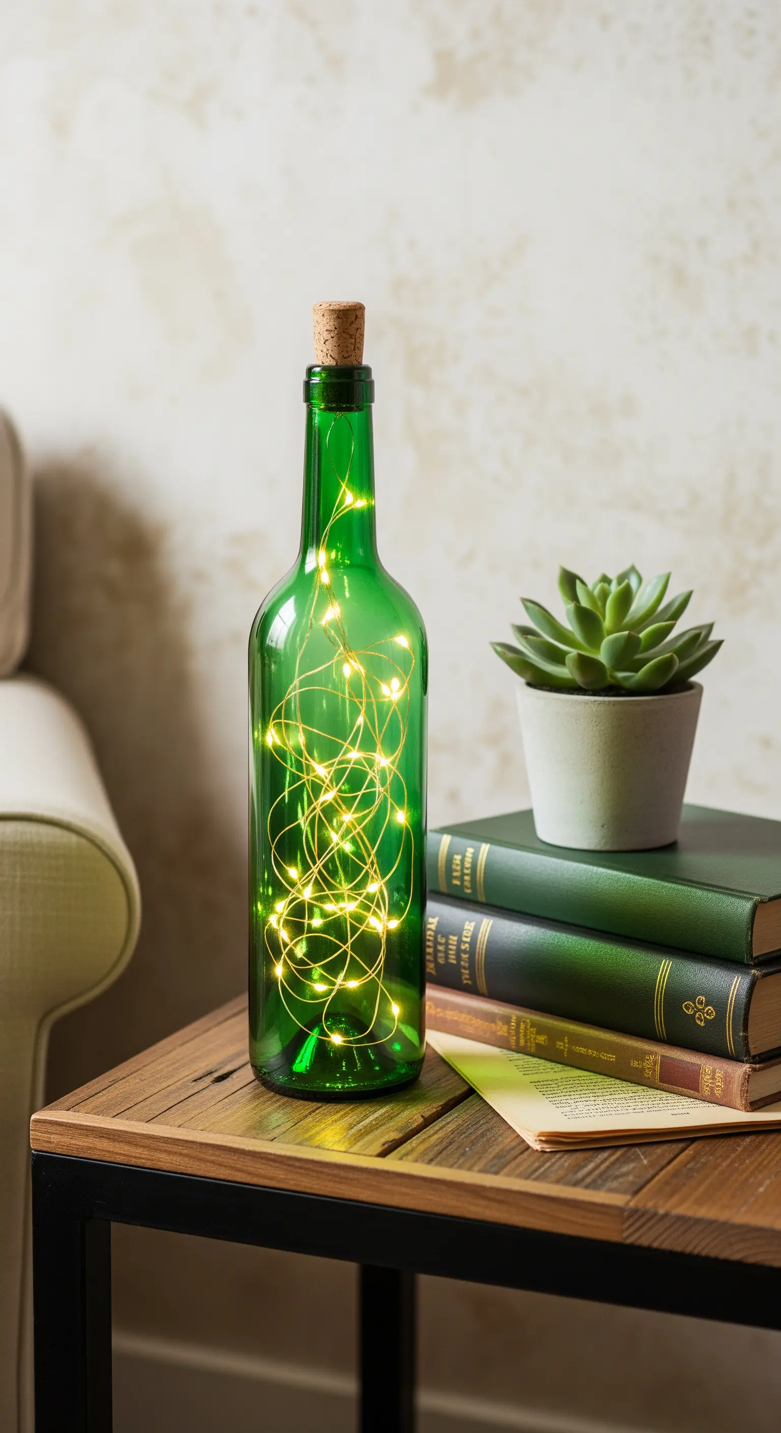 Bottiglia di vino verde con micro lucine a LED, appoggiata su un tavolino accanto a dei libri.