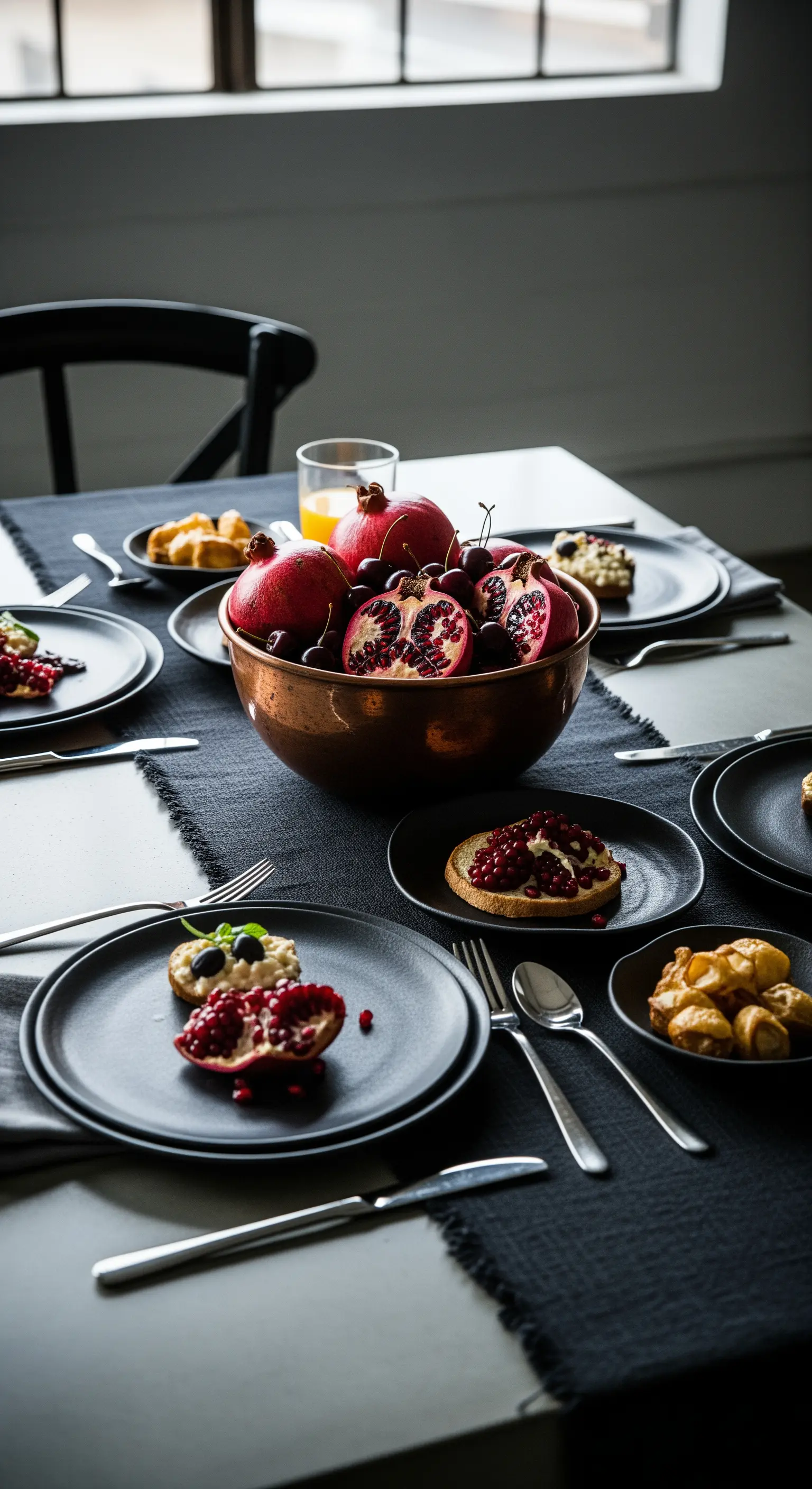 Ciotola in rame con melograni su tovaglia e piatti scuri.