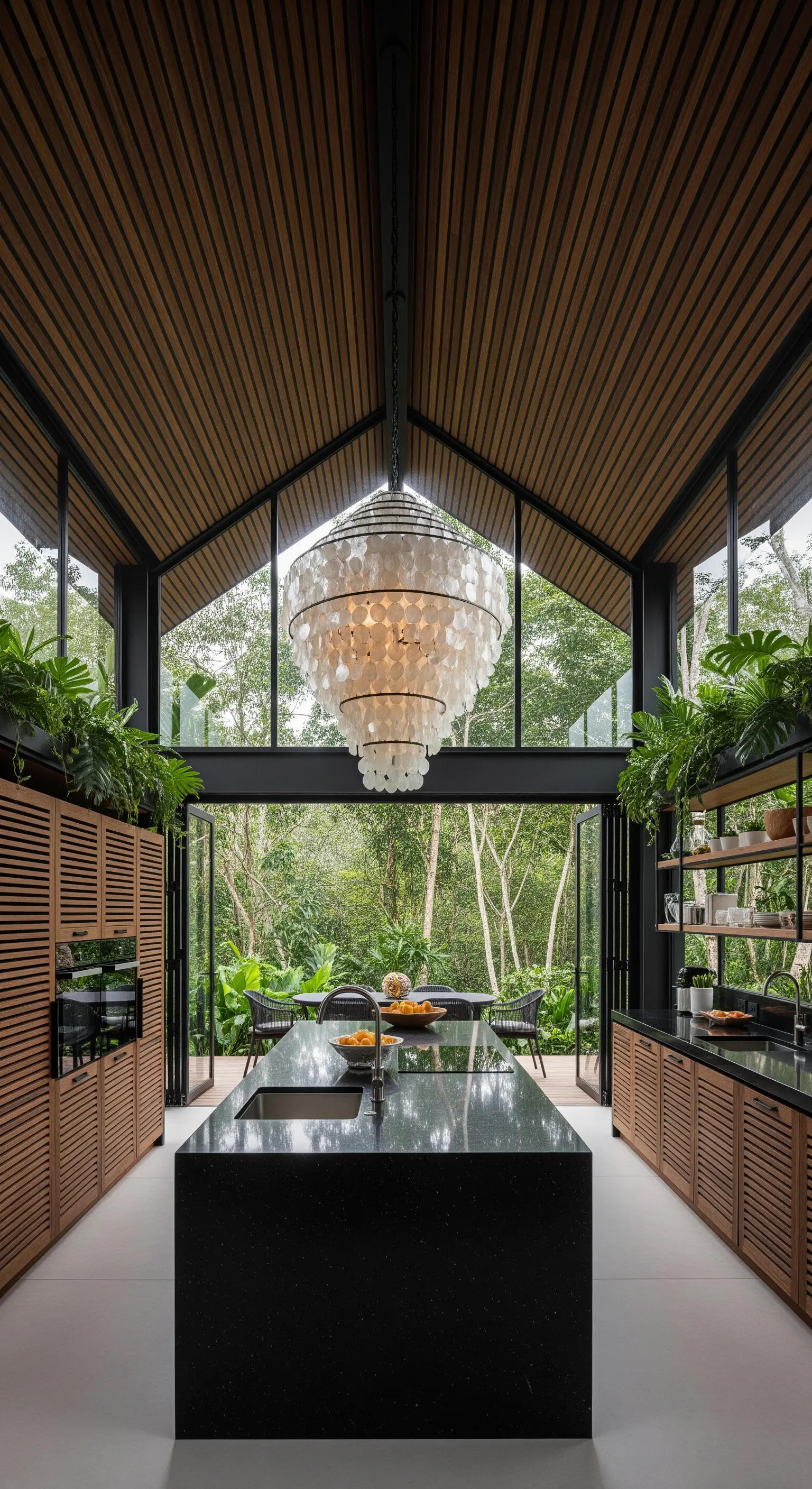 Cucina moderna con soffitto in legno e un grande lampadario sferico in madreperla
