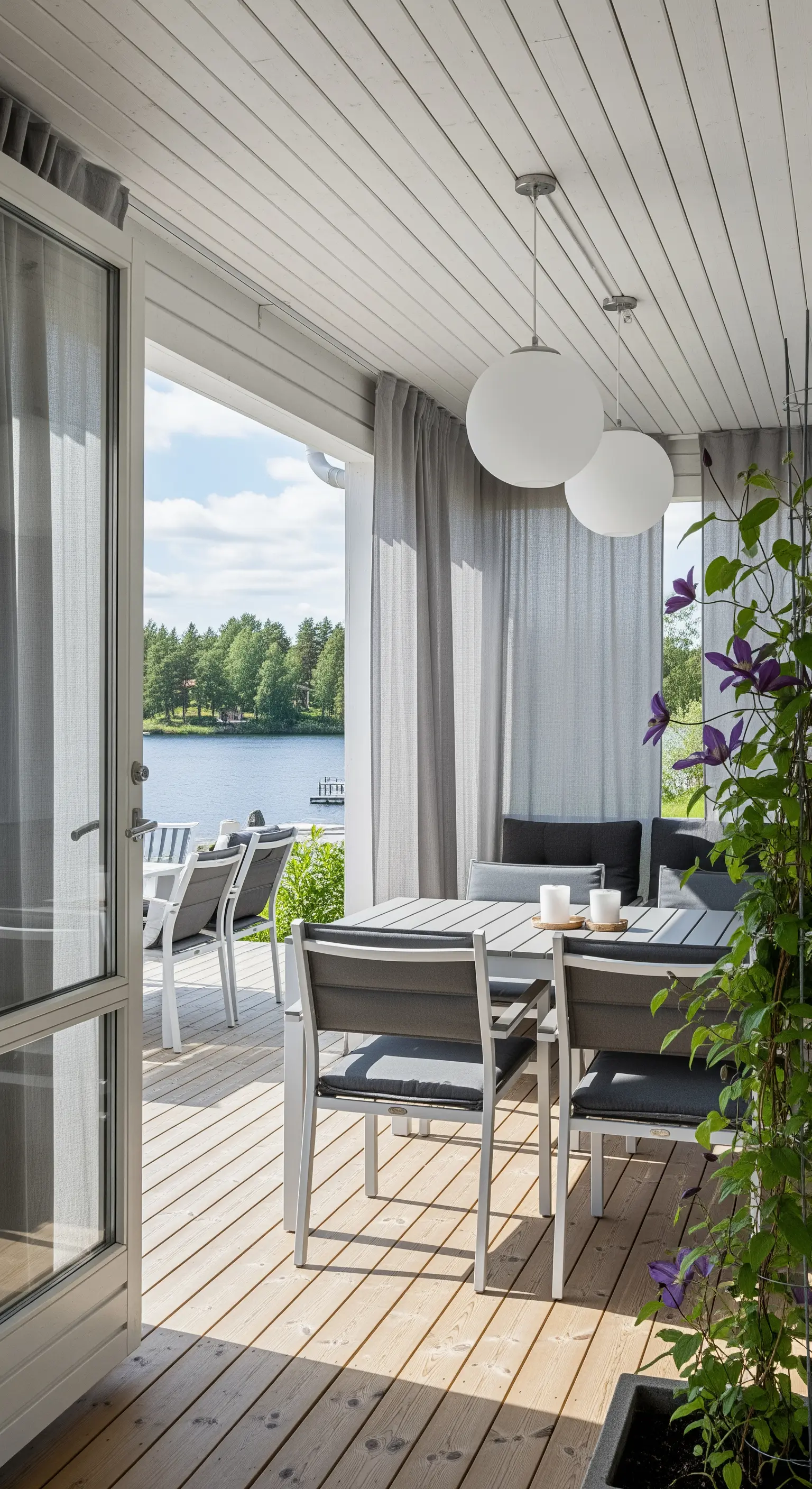 Portico scandinavo con arredi grigi, lampade sferiche e vista sul lago.