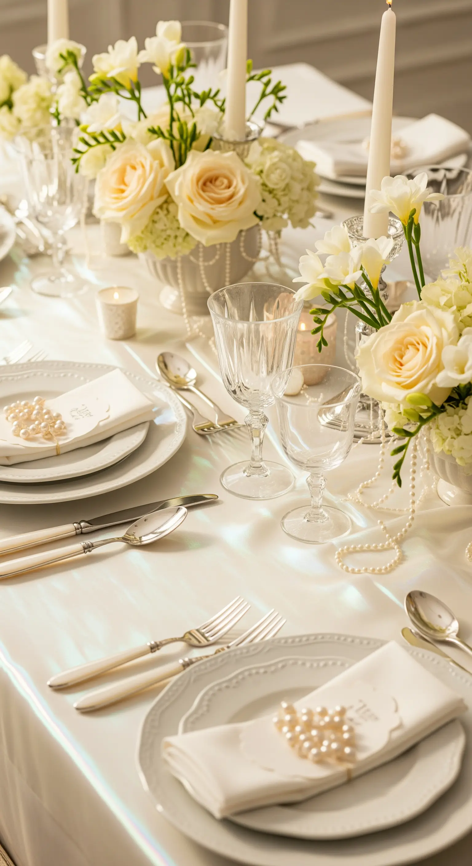 Tavola romantica con tovaglia iridescente, perle sparse e rose color crema.