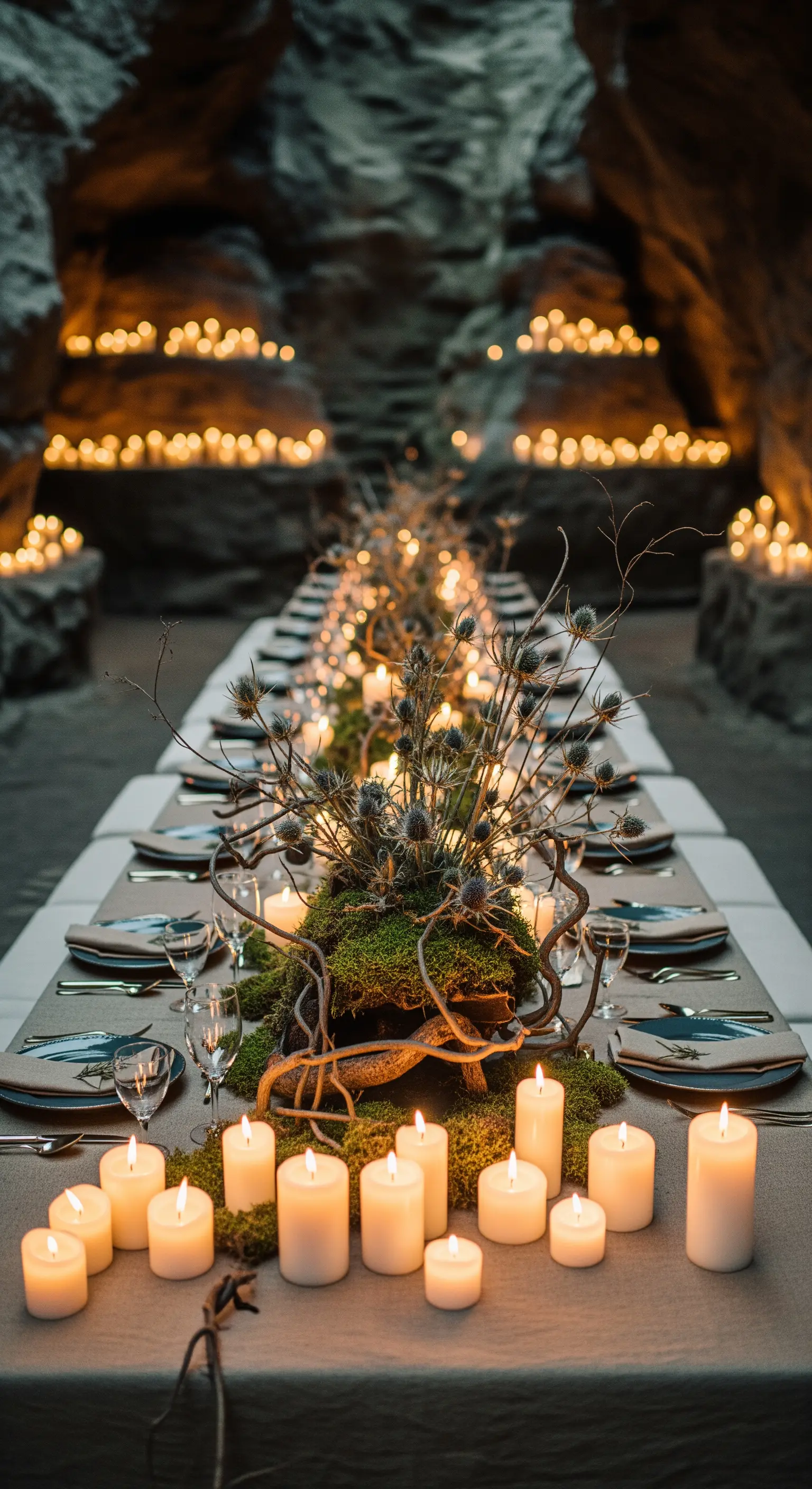 Tavolo in una grotta illuminato da candele, con centrotavola di muschio e cardi.