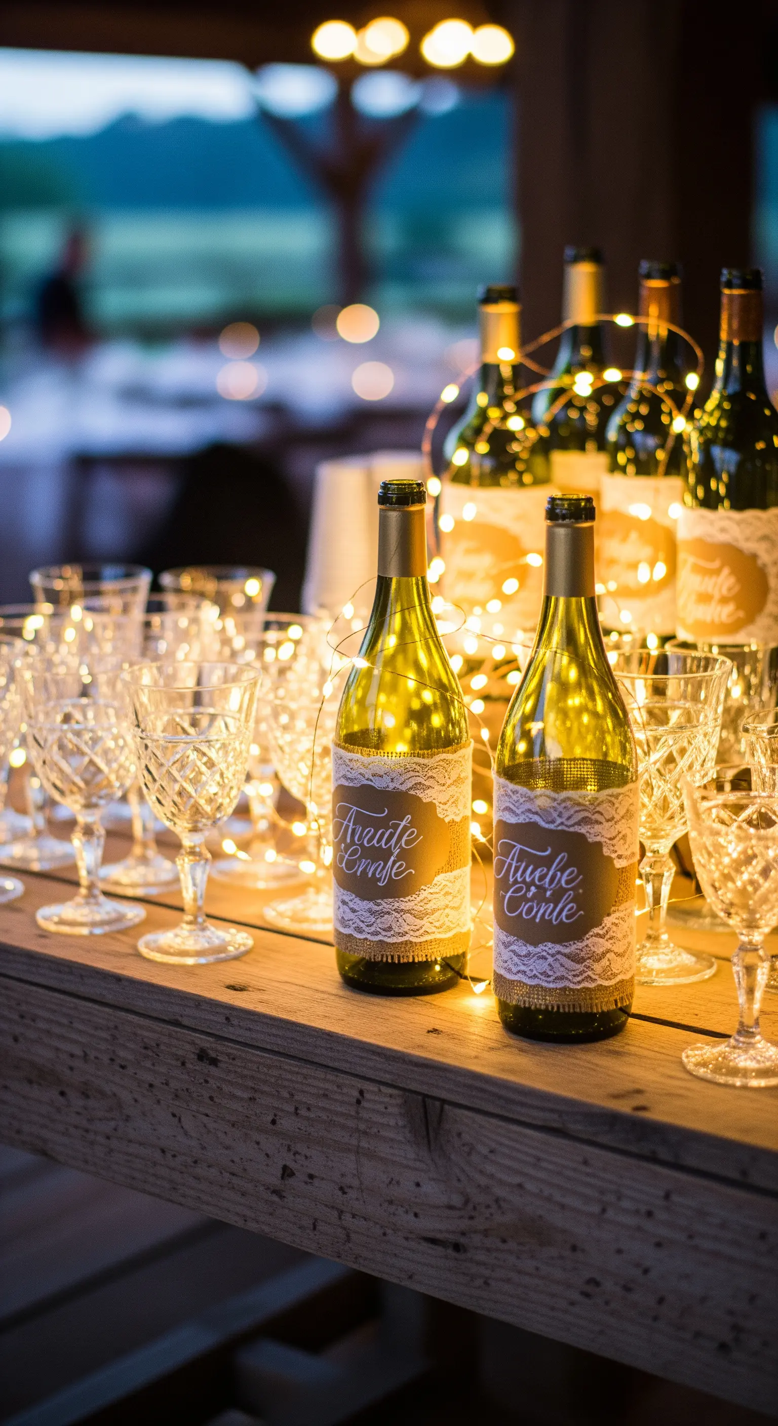 Bottiglie di vino decorate con juta, pizzo ed etichette personalizzate, illuminate da lucine interne.