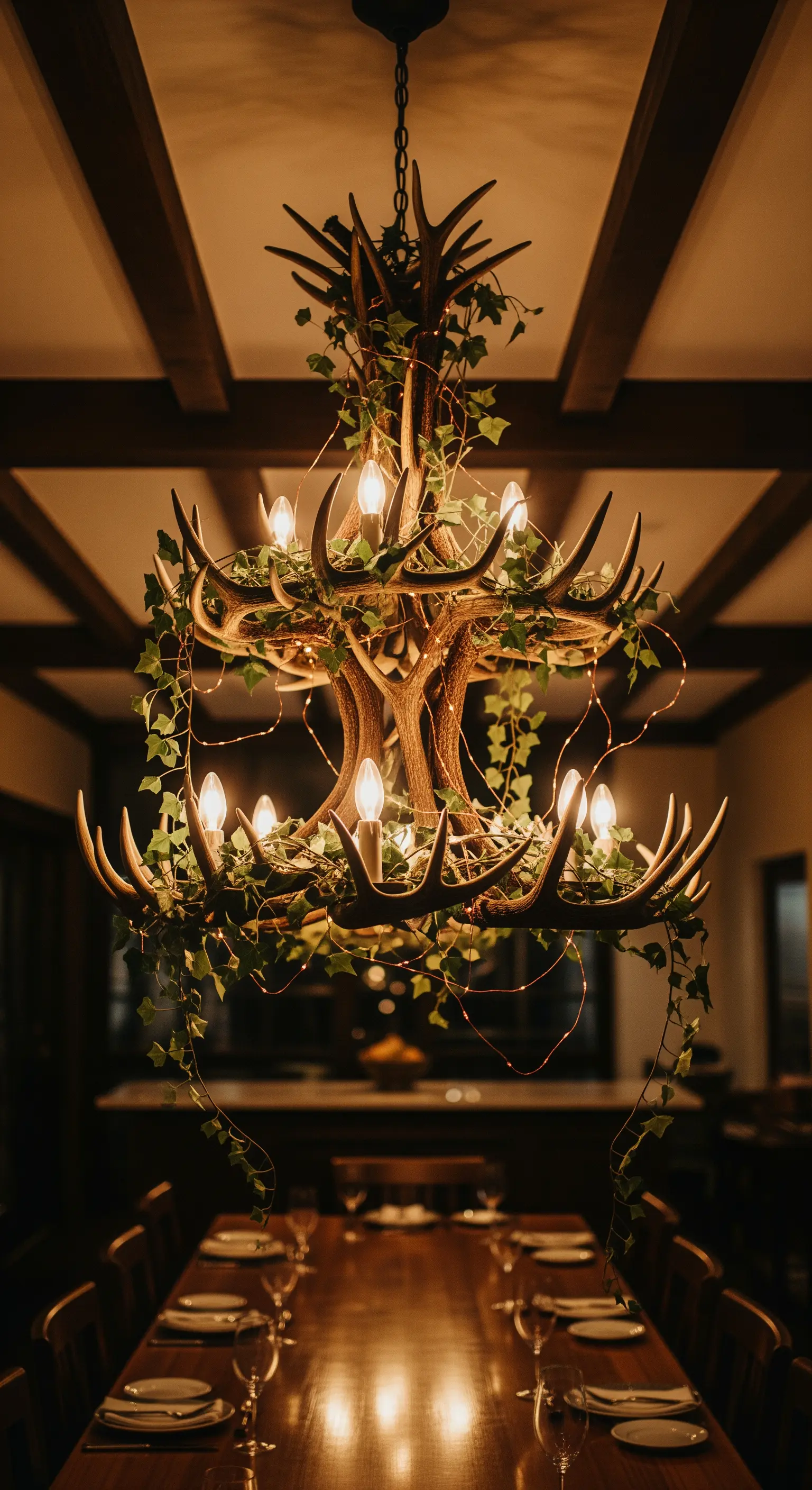 Lampadario fatto con palchi di cervo e decorato con edera e fili di luci in rame.