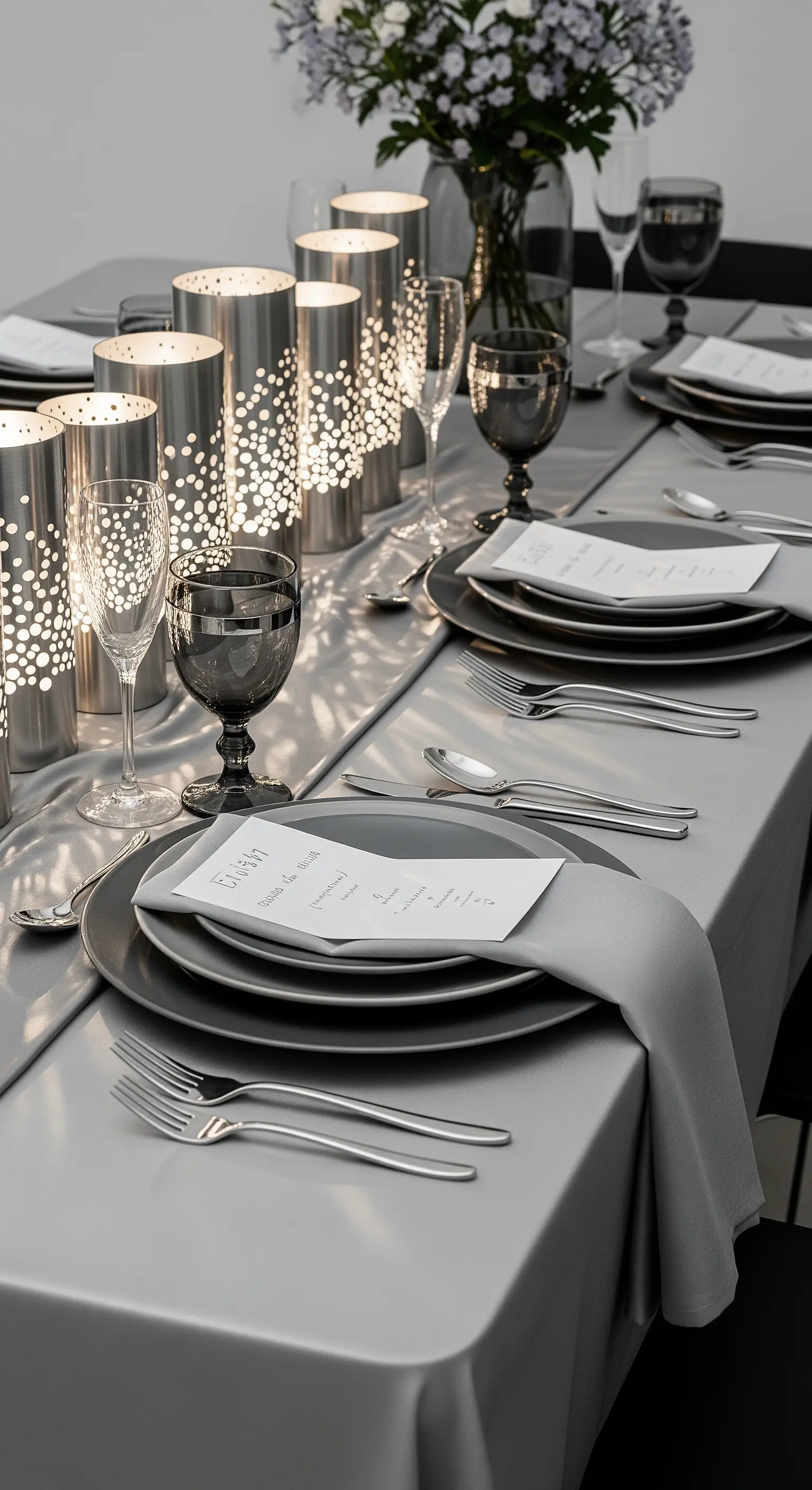 Tavola elegante in grigio e argento con portacandele traforati che proiettano puntini di luce.